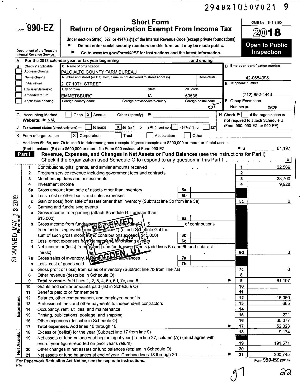 Image of first page of 2018 Form 990EO for Iowa Farm Bureau Federation - Palo Alto County Farm Bureau