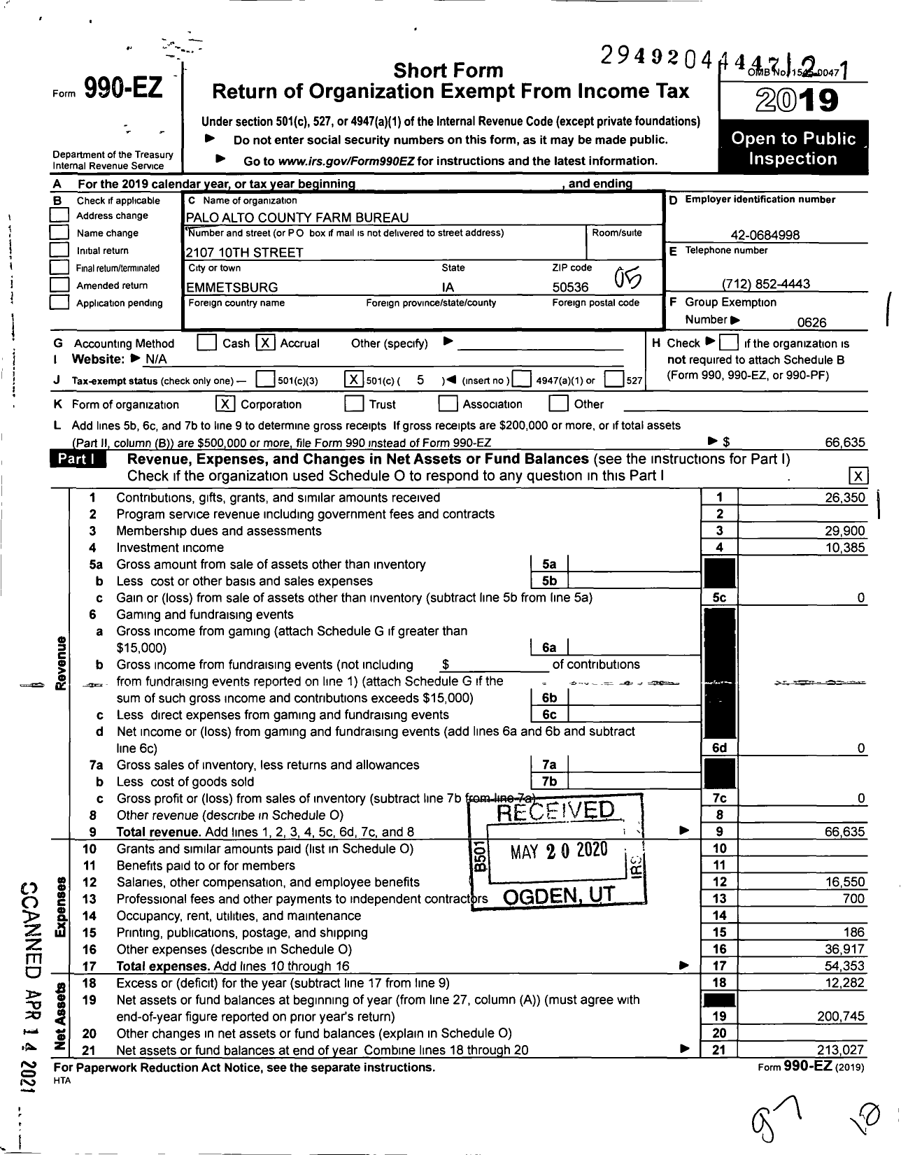 Image of first page of 2019 Form 990EO for Iowa Farm Bureau Federation - Palo Alto County Farm Bureau