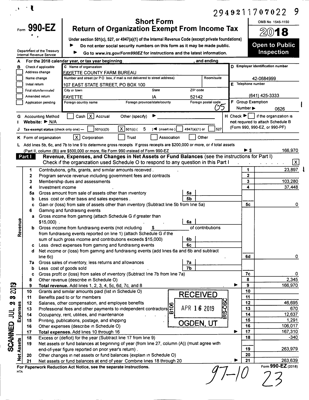 Image of first page of 2018 Form 990EO for Iowa Farm Bureau Federation - Fayette County Farm Bureau