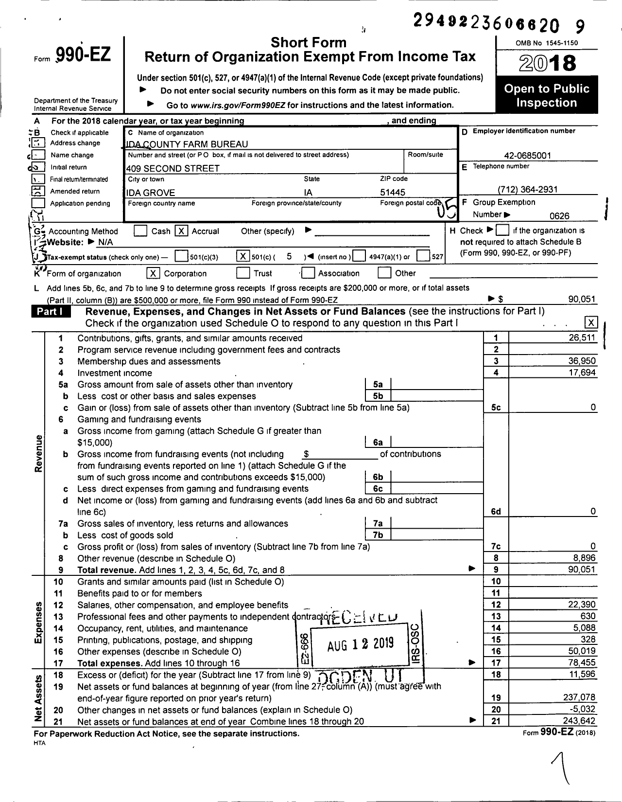 Image of first page of 2018 Form 990EO for Iowa Farm Bureau Federation - Ida County Farm Bureau