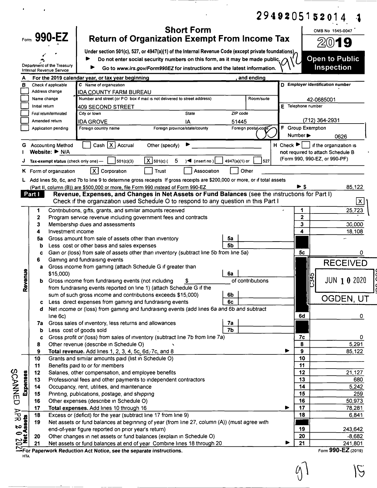 Image of first page of 2019 Form 990EO for Iowa Farm Bureau Federation - Ida County Farm Bureau