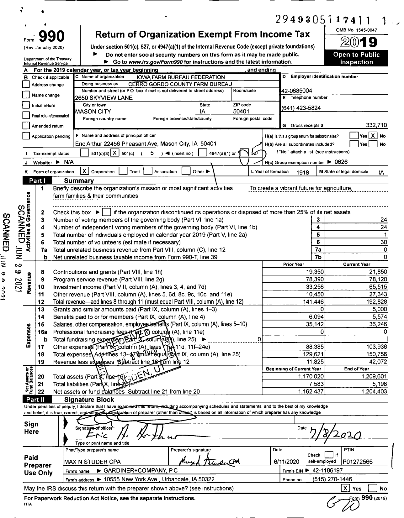 Image of first page of 2019 Form 990O for Iowa Farm Bureau Federation - Cerro Gordo County