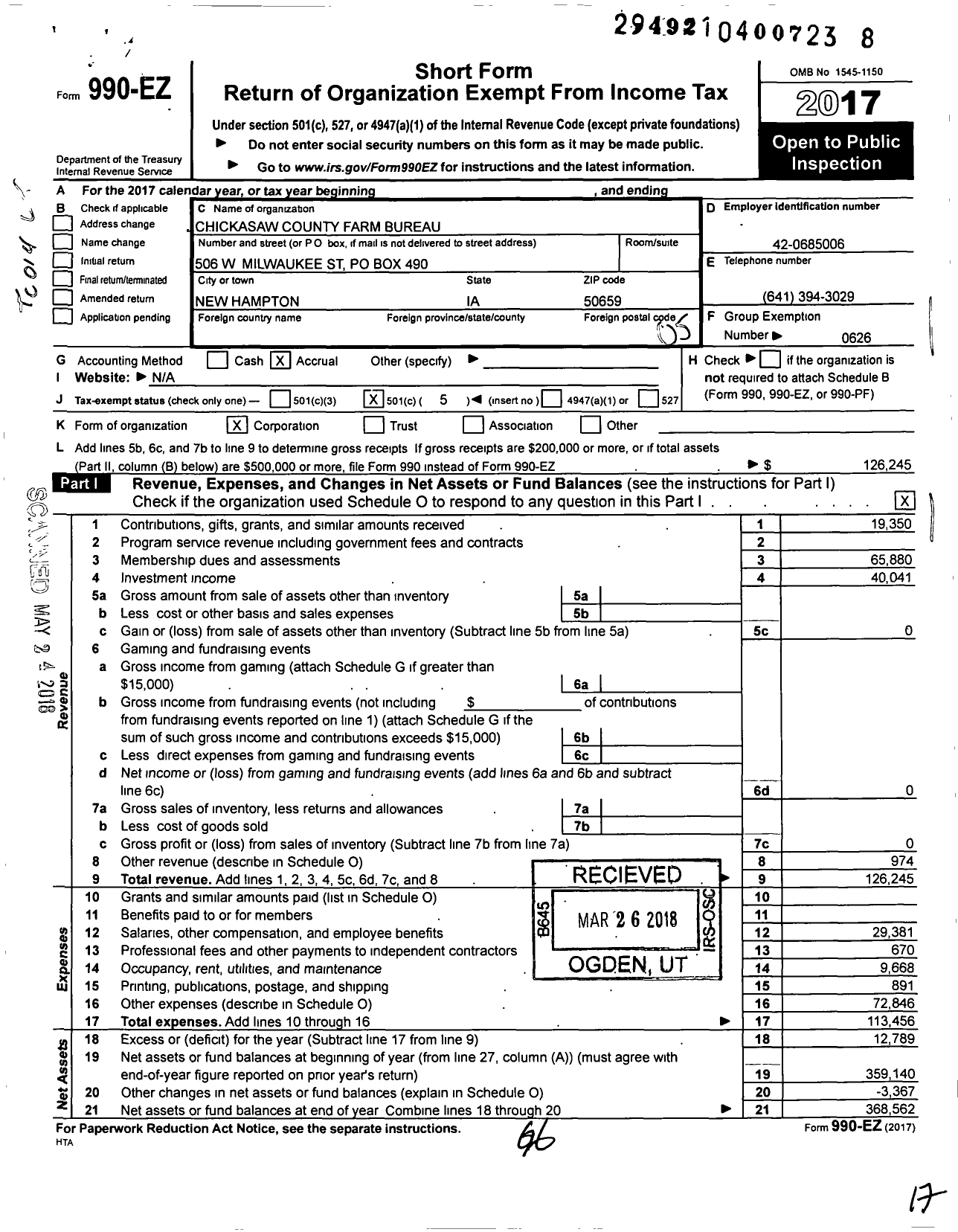 Image of first page of 2017 Form 990EO for Iowa Farm Bureau Federation - Chickasaw County Farm Bureau