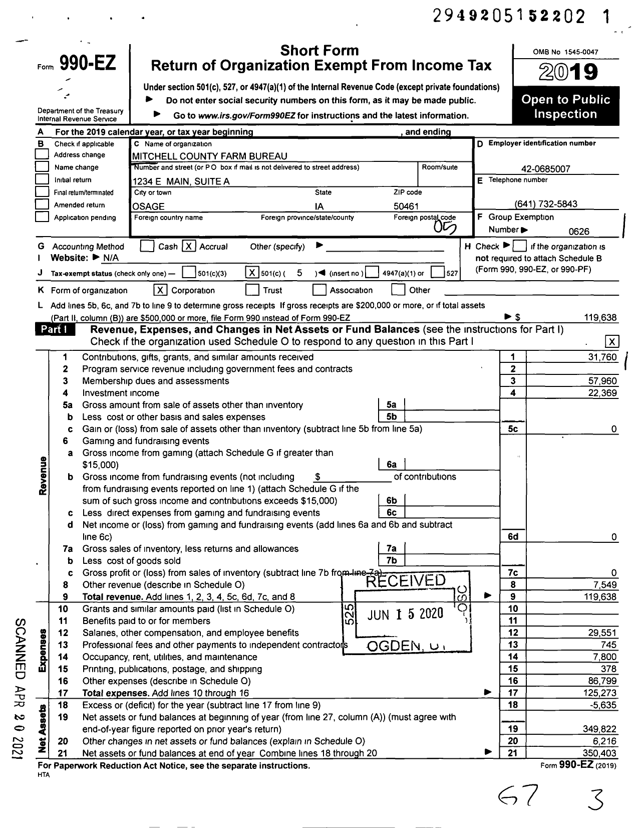 Image of first page of 2019 Form 990EO for Iowa Farm Bureau Federation - Mitchell County Farm Bureau