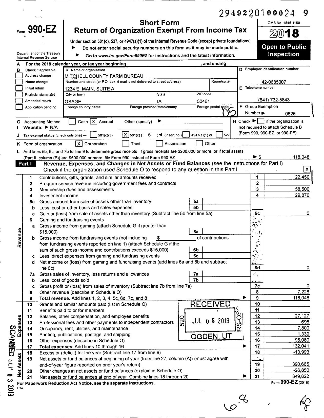 Image of first page of 2018 Form 990EO for Iowa Farm Bureau Federation - Mitchell County Farm Bureau