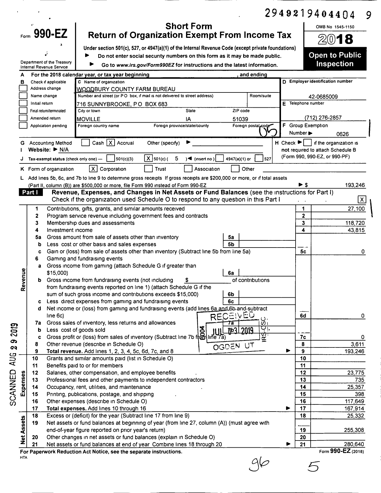 Image of first page of 2018 Form 990EO for Iowa Farm Bureau Federation - Woodbury County Farm Bureau