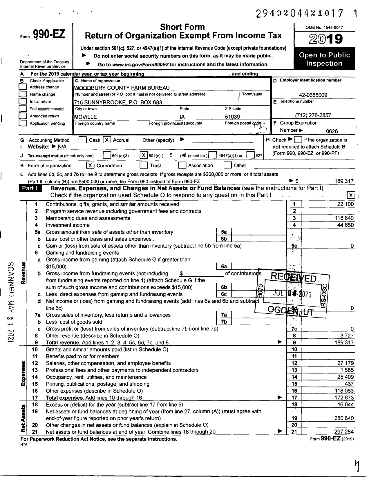 Image of first page of 2019 Form 990EO for Iowa Farm Bureau Federation - Woodbury County Farm Bureau