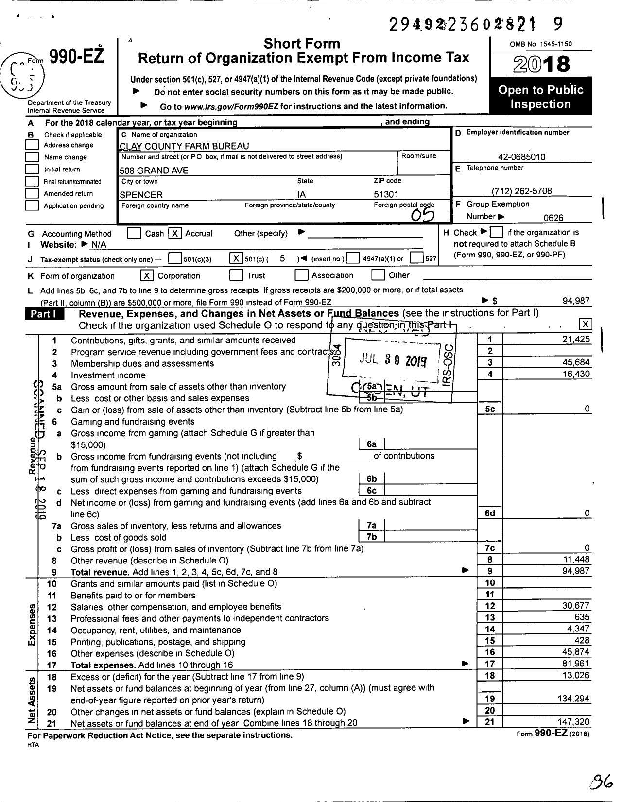 Image of first page of 2018 Form 990EO for Iowa Farm Bureau Federation - Clay County Farm Bureau