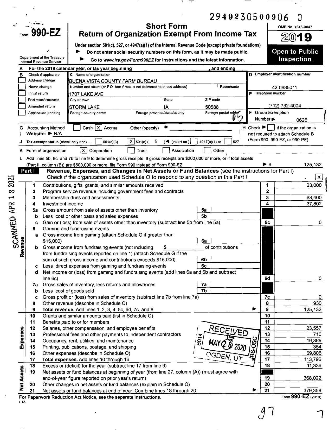 Image of first page of 2019 Form 990EO for Iowa Farm Bureau Federation - Buena Vista County Farm Bureau