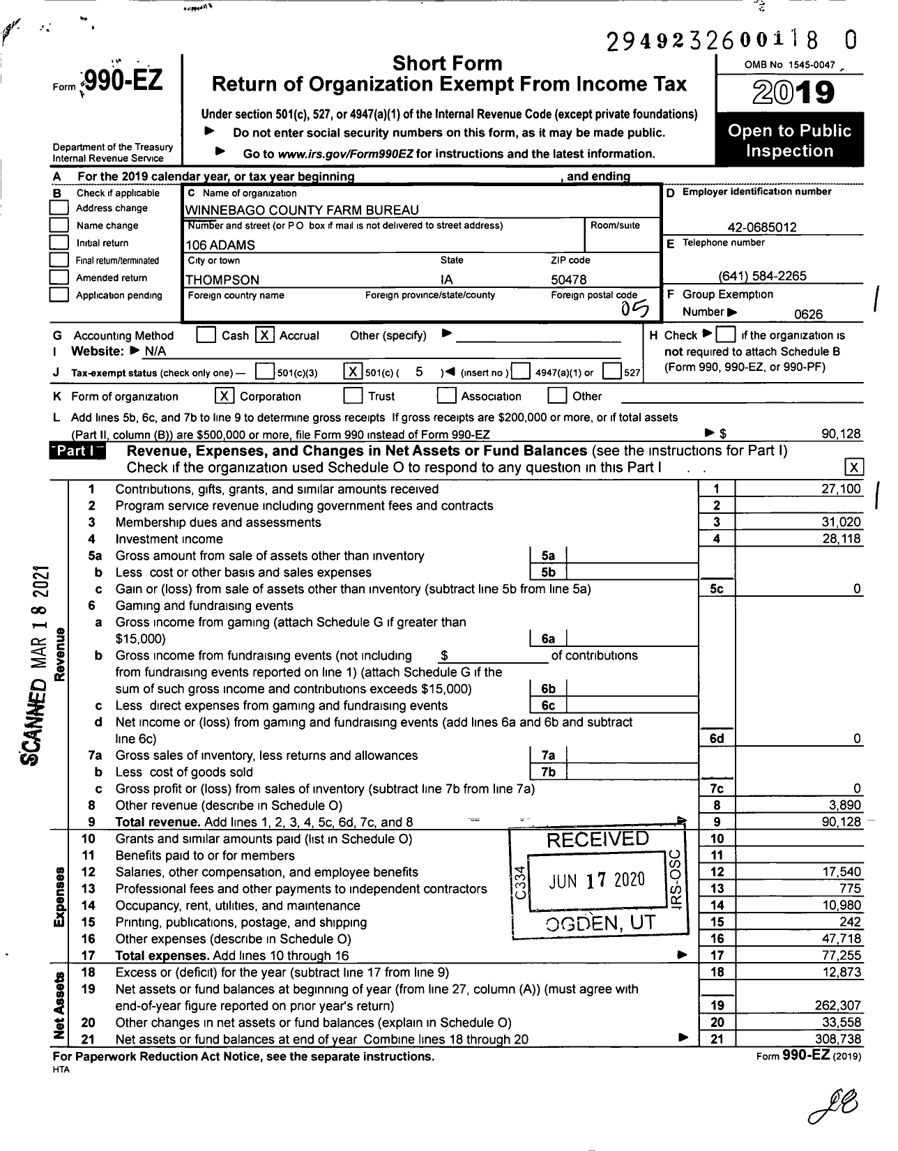 Image of first page of 2019 Form 990EO for Iowa Farm Bureau Federation - Winnebago County Farm Bureau