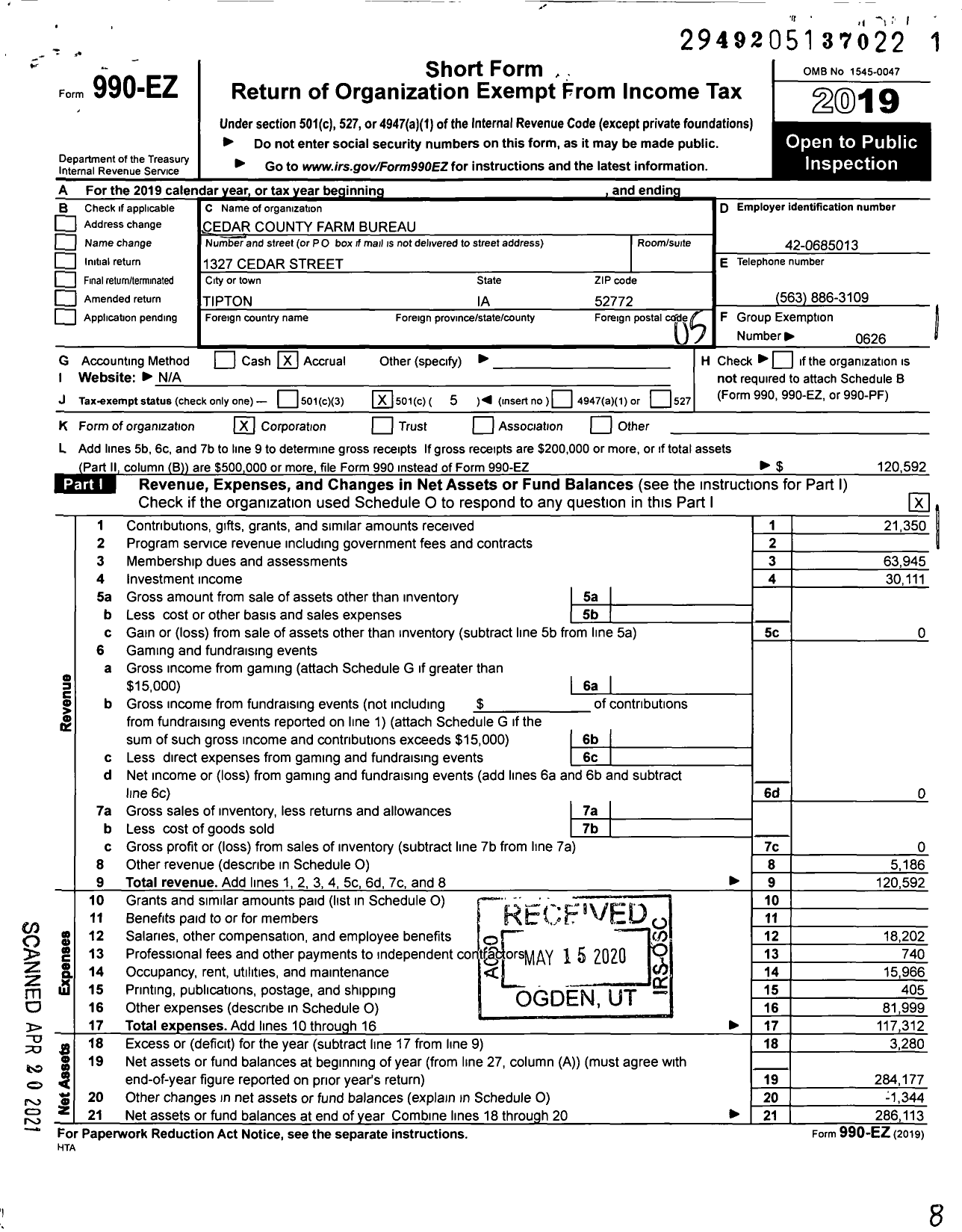 Image of first page of 2019 Form 990EO for Iowa Farm Bureau Federation - Cedar County Farm Bureau