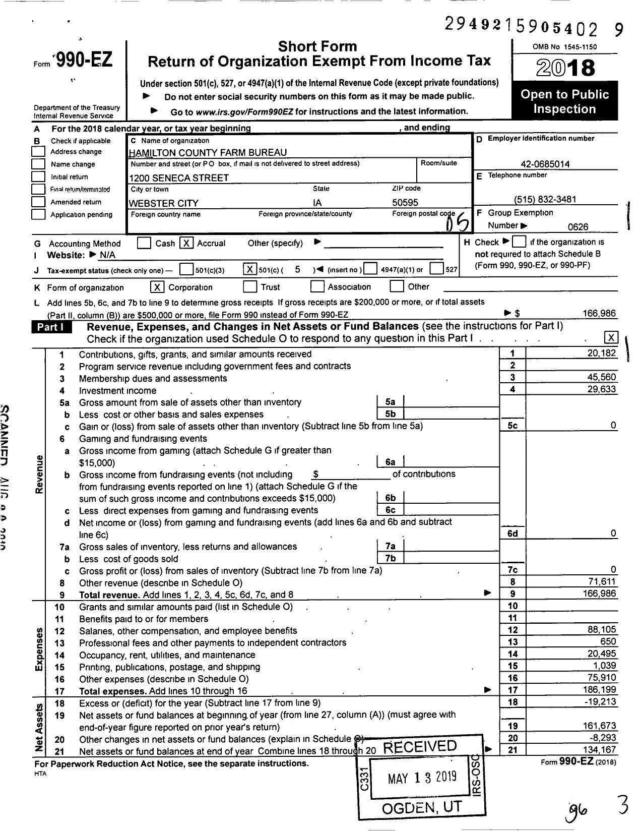 Image of first page of 2018 Form 990EO for Iowa Farm Bureau Federation - Hamilton County Farm Bureau