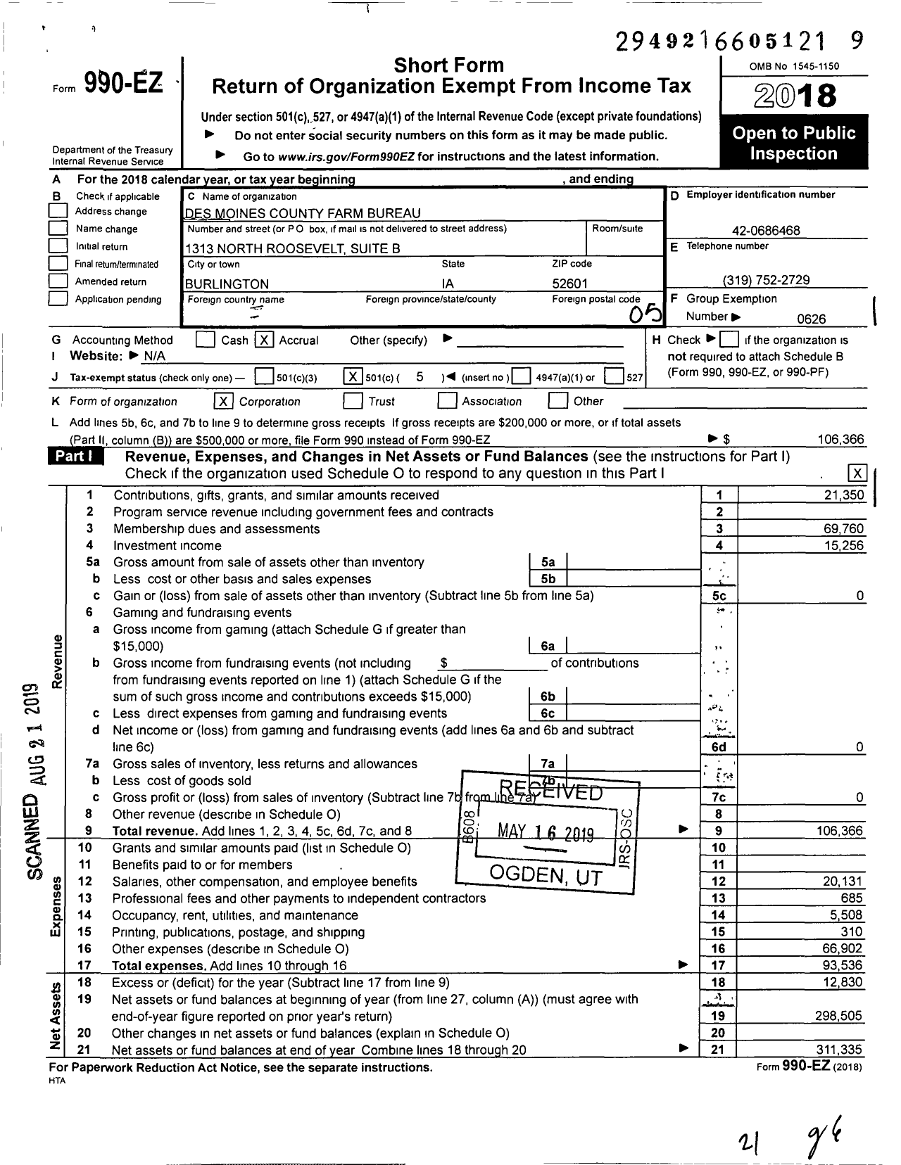 Image of first page of 2018 Form 990EO for Iowa Farm Bureau Federation - Des Moines County Farm Bureau