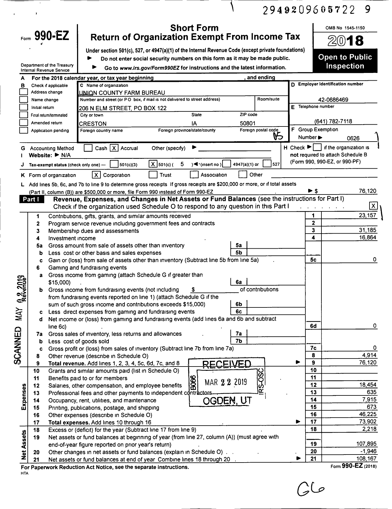 Image of first page of 2018 Form 990EO for Iowa Farm Bureau Federation - Union County Farm Bureau