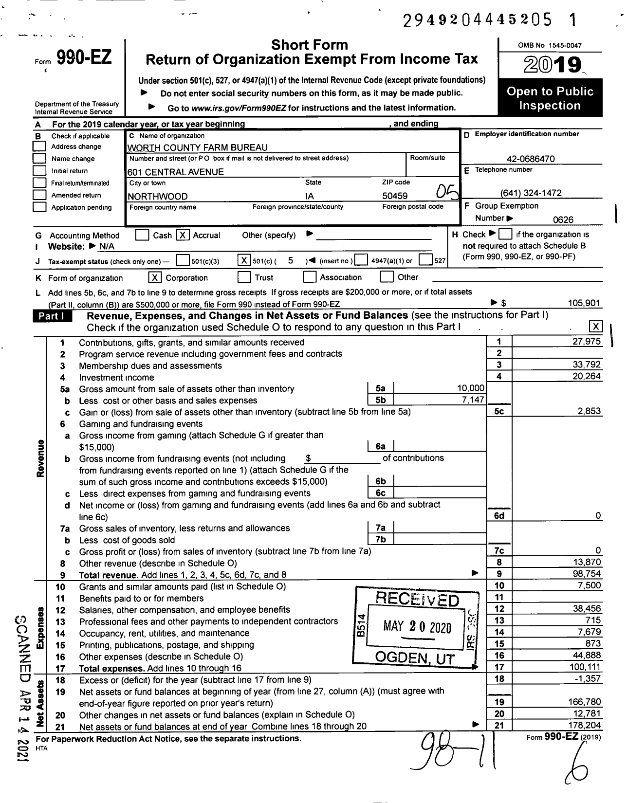 Image of first page of 2019 Form 990EO for Iowa Farm Bureau Federation - Worth County Farm Bureau