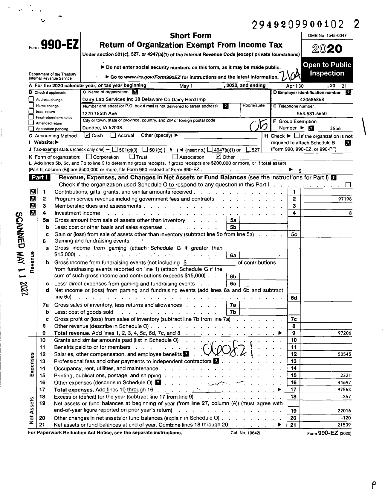 Image of first page of 2020 Form 990EO for Dairy LAB SERVICES - 28 Delaware Dairy Herd Imp Association