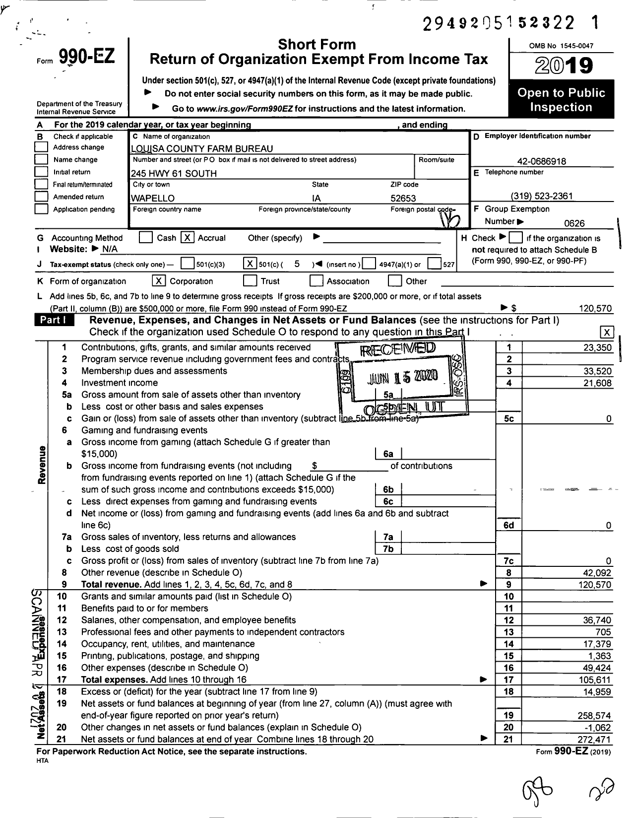 Image of first page of 2019 Form 990EO for Iowa Farm Bureau Federation - Louisa County Farm Bureau