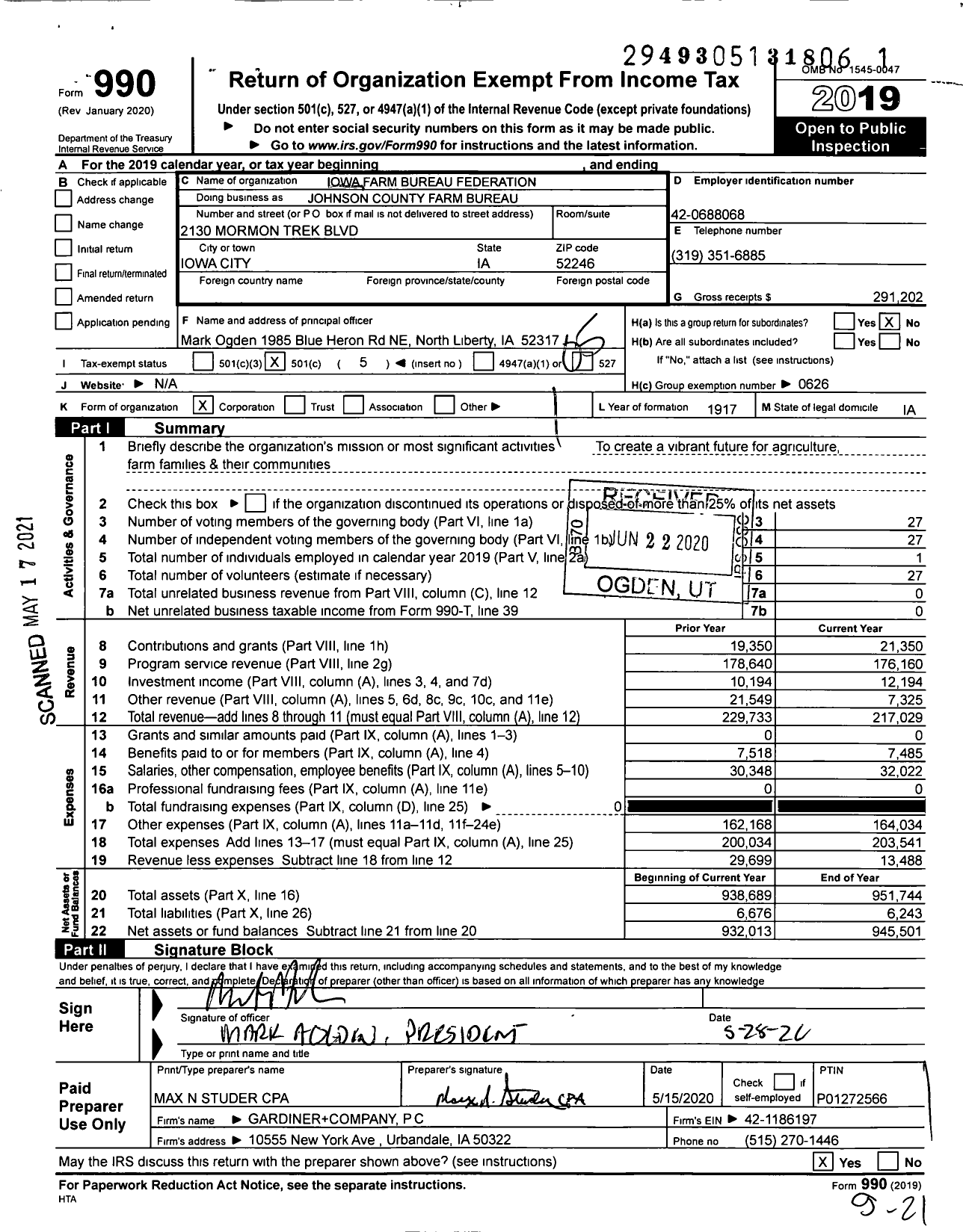 Image of first page of 2019 Form 990O for Iowa Farm Bureau Federation - Johnson County Farm Bureau