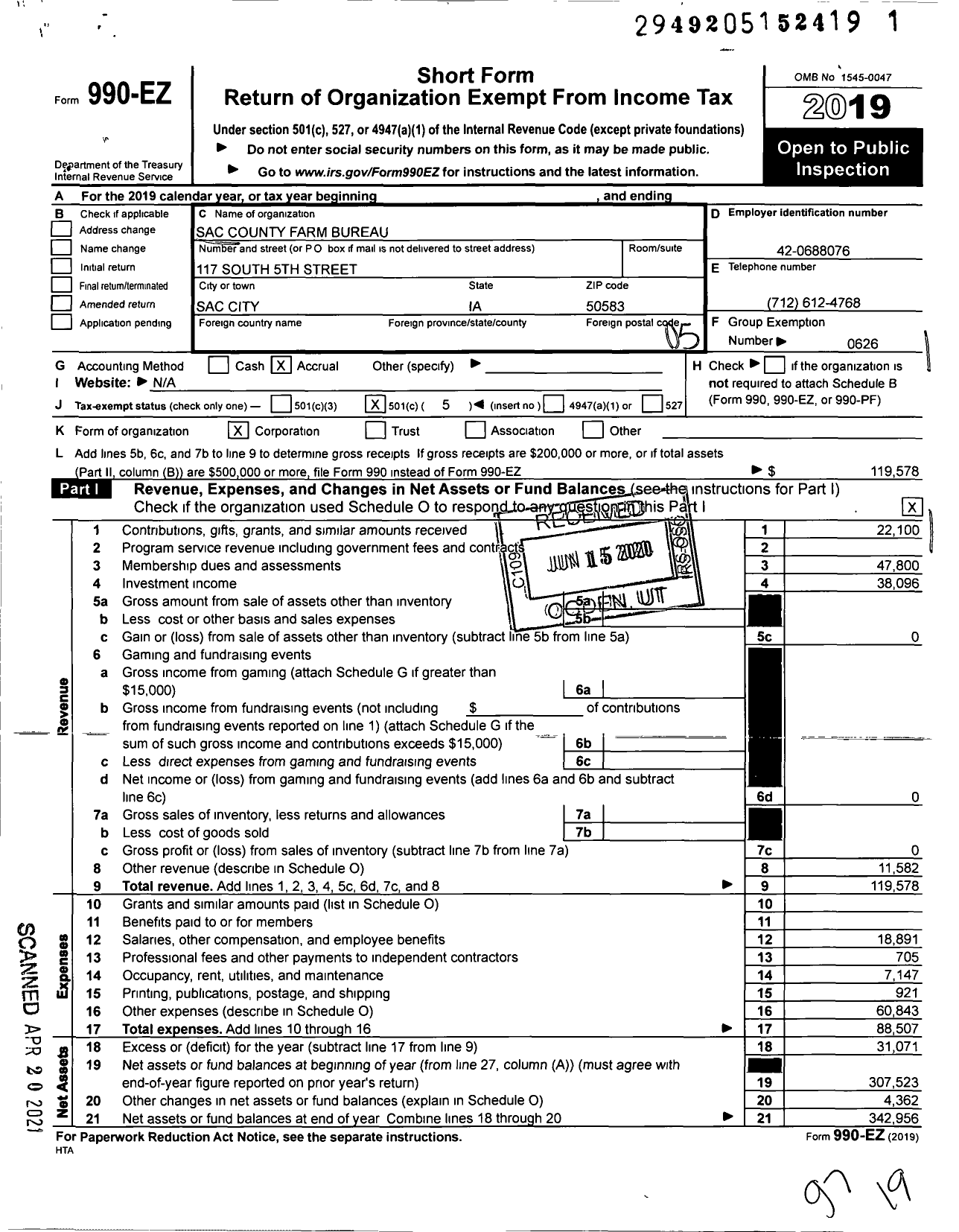 Image of first page of 2019 Form 990EO for Iowa Farm Bureau Federation - Sac County Farm Bureau