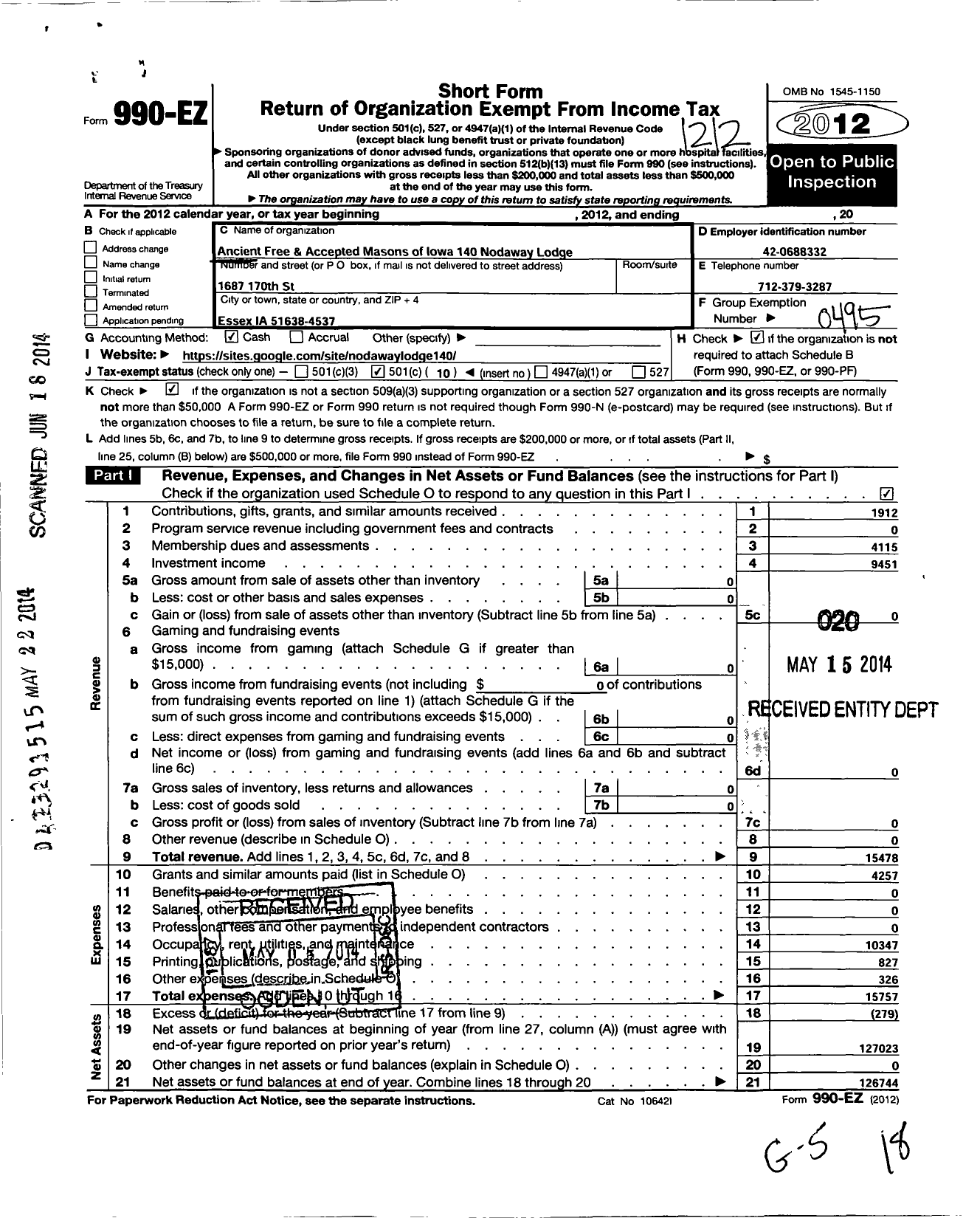 Image of first page of 2012 Form 990EO for Ancient Free and Accepted Masons of Iowa - 140 Nodaway