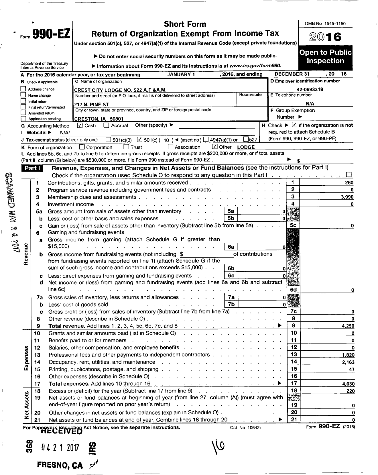 Image of first page of 2016 Form 990EO for Ancient Free and Accepted Masons of Iowa - 522 Crest City