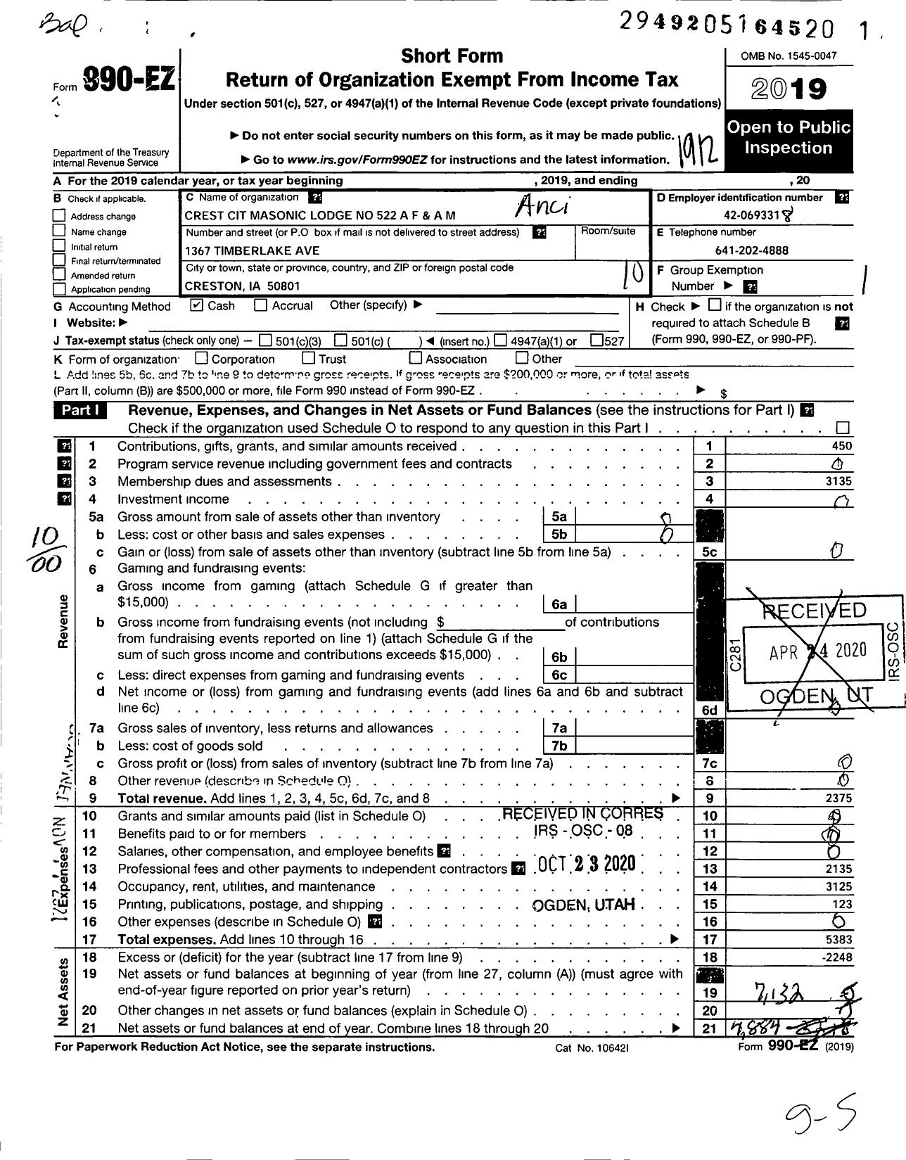 Image of first page of 2019 Form 990EO for Ancient Free and Accepted Masons of Iowa - 522 Crest City