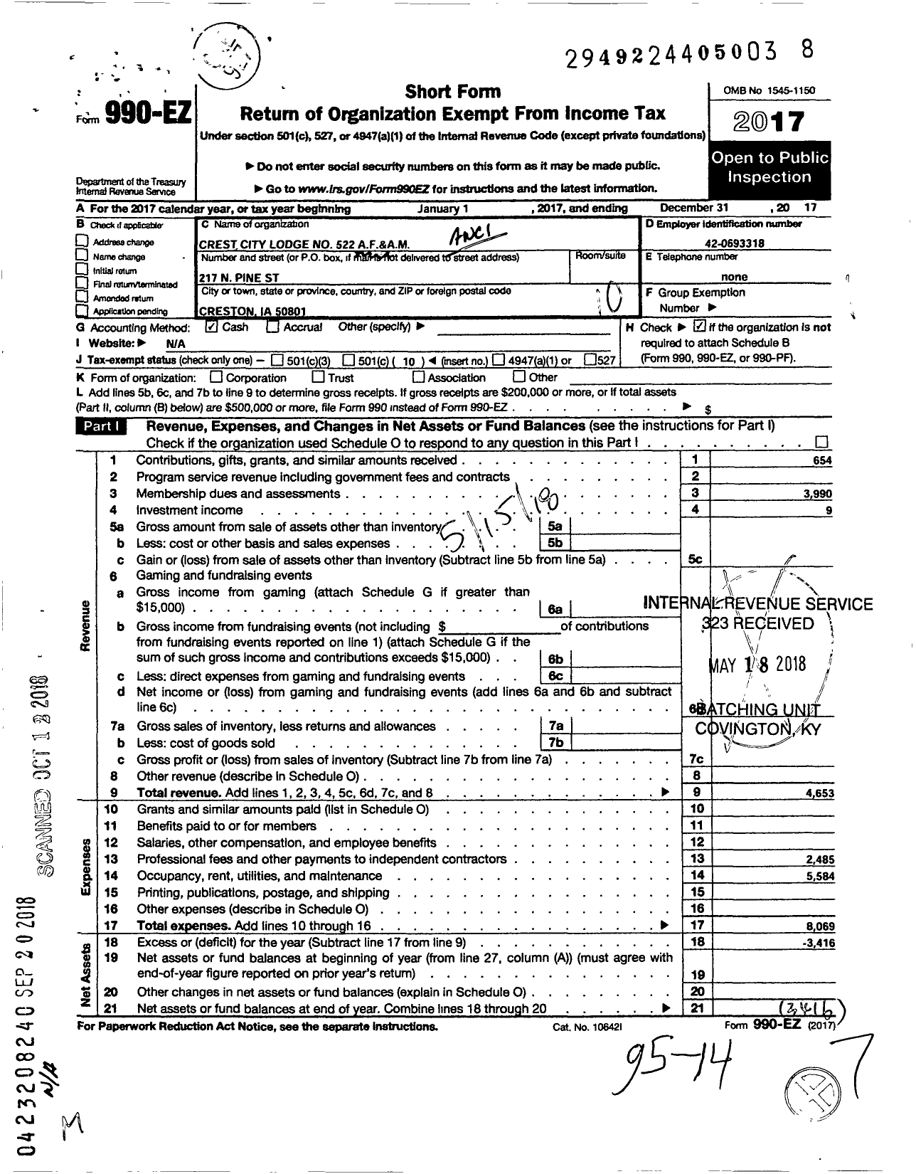 Image of first page of 2017 Form 990EO for Ancient Free and Accepted Masons of Iowa - 522 Crest City