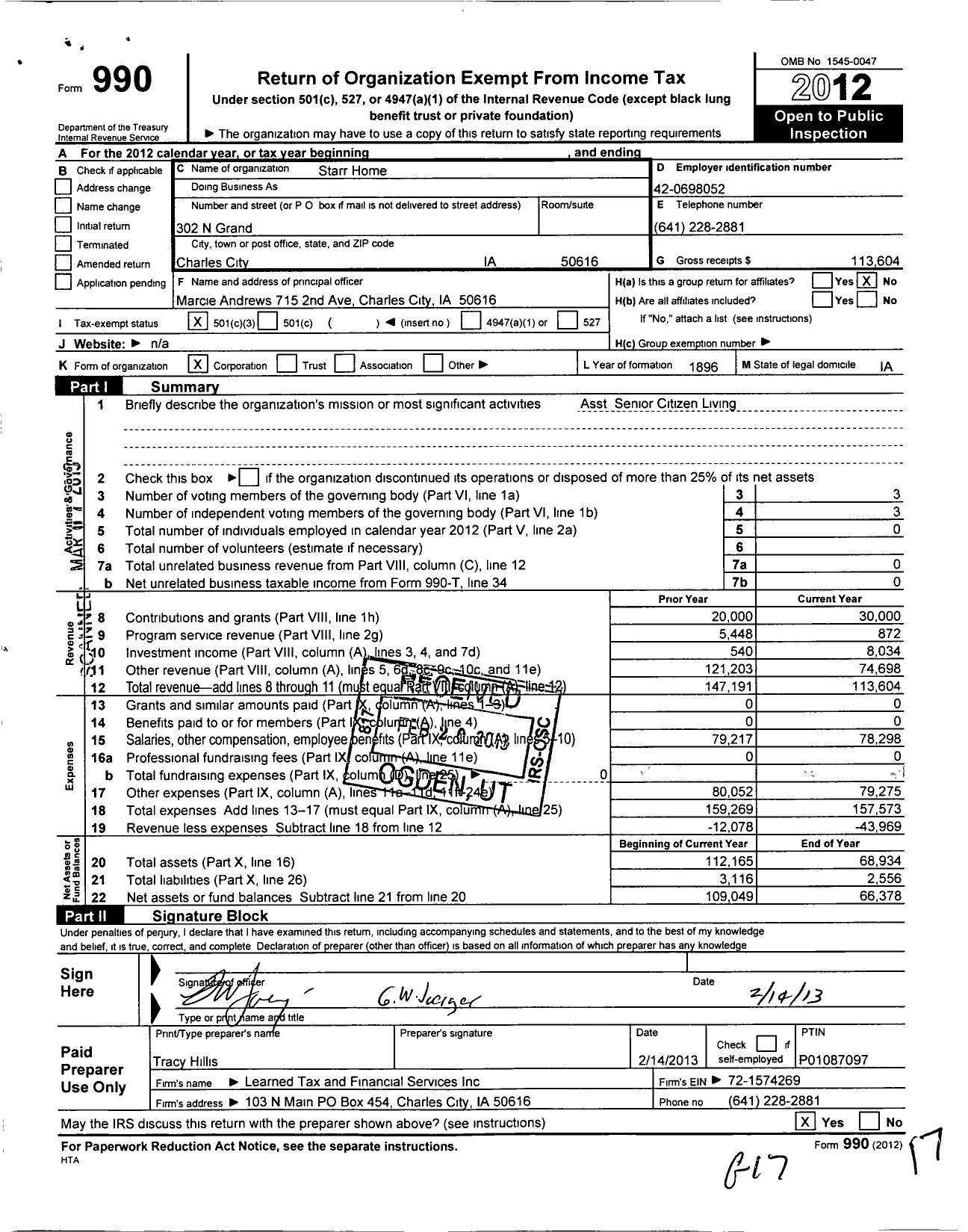 Image of first page of 2012 Form 990 for Starr Home