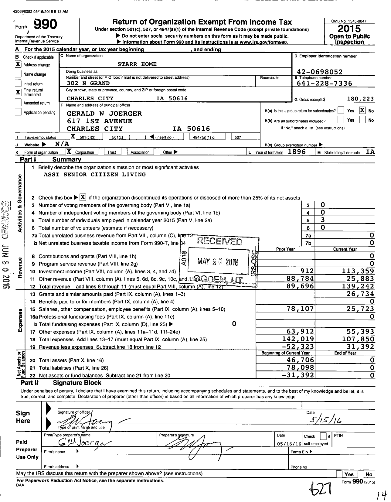 Image of first page of 2015 Form 990 for Starr Home