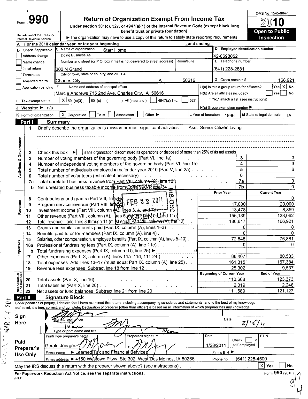 Image of first page of 2010 Form 990 for Starr Home