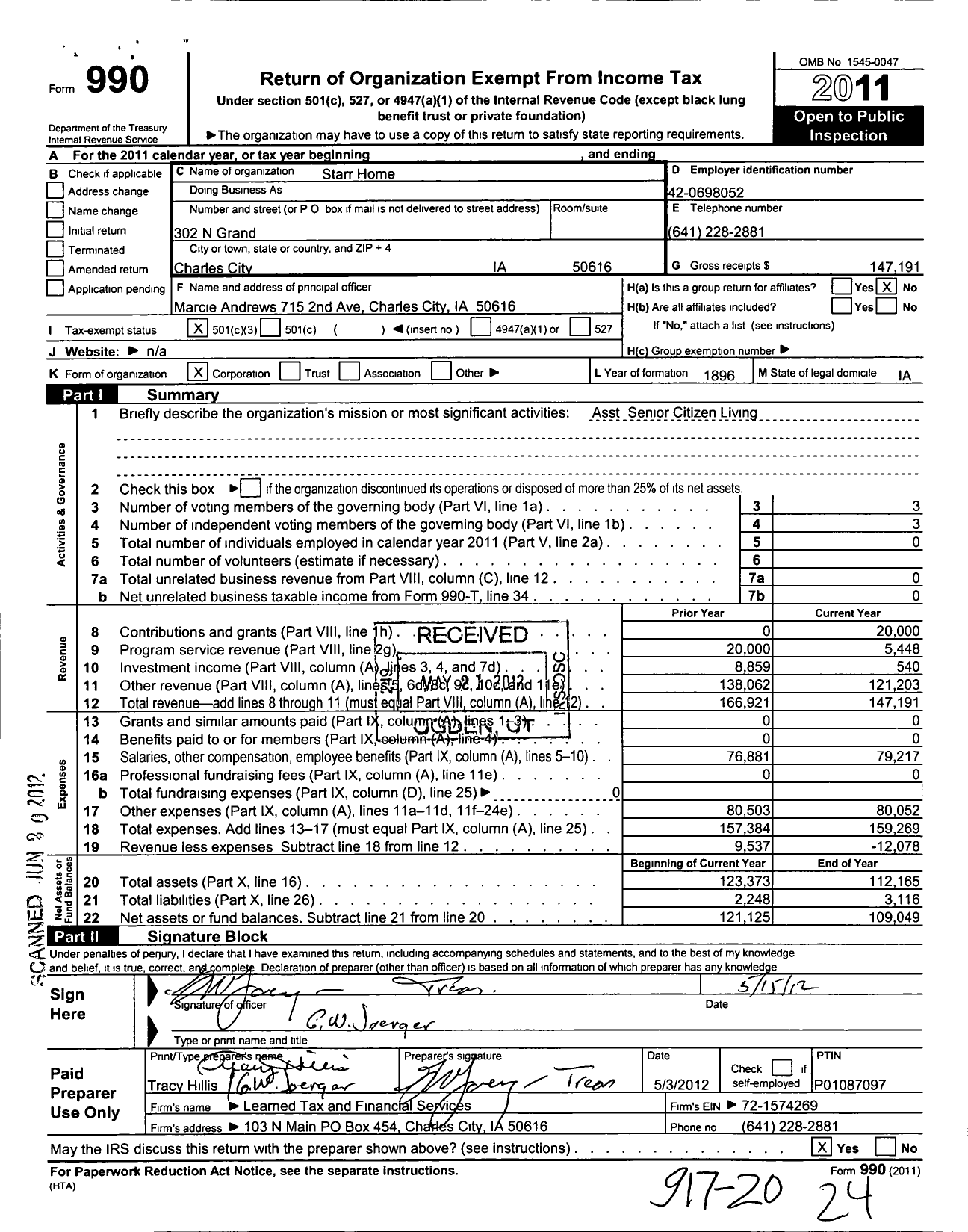 Image of first page of 2011 Form 990 for Starr Home