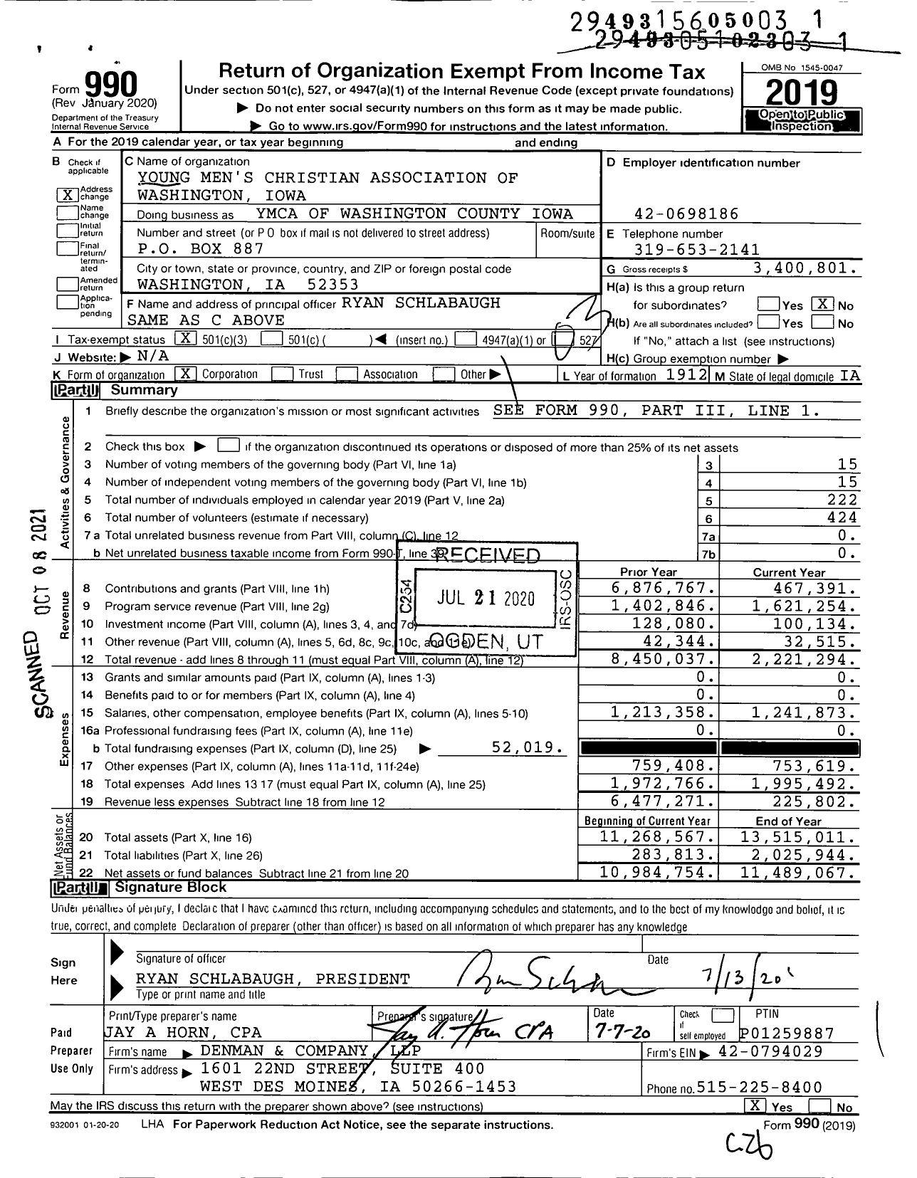 Image of first page of 2019 Form 990 for YMCA of Washington County Iowa