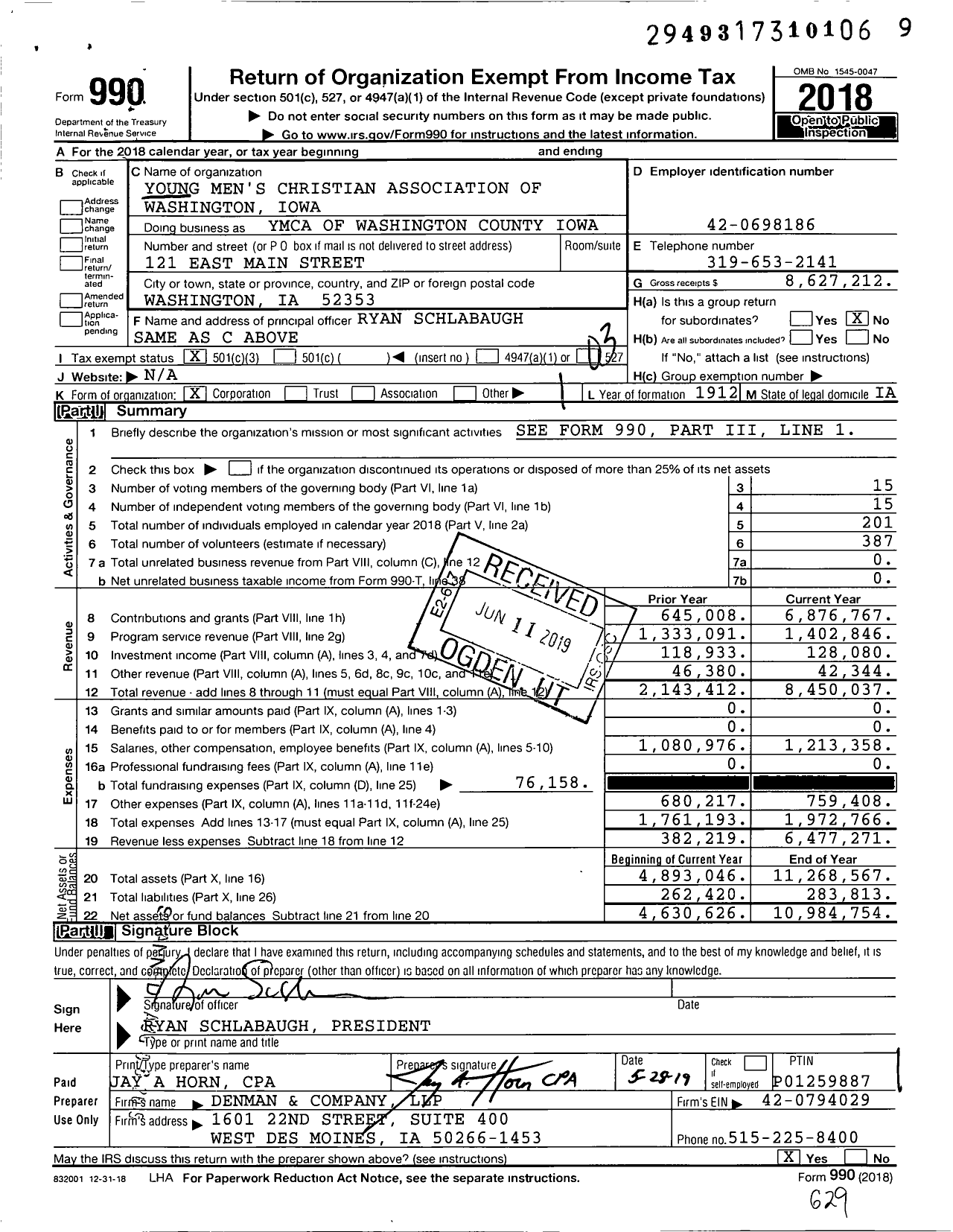 Image of first page of 2018 Form 990 for YMCA of Washington County Iowa