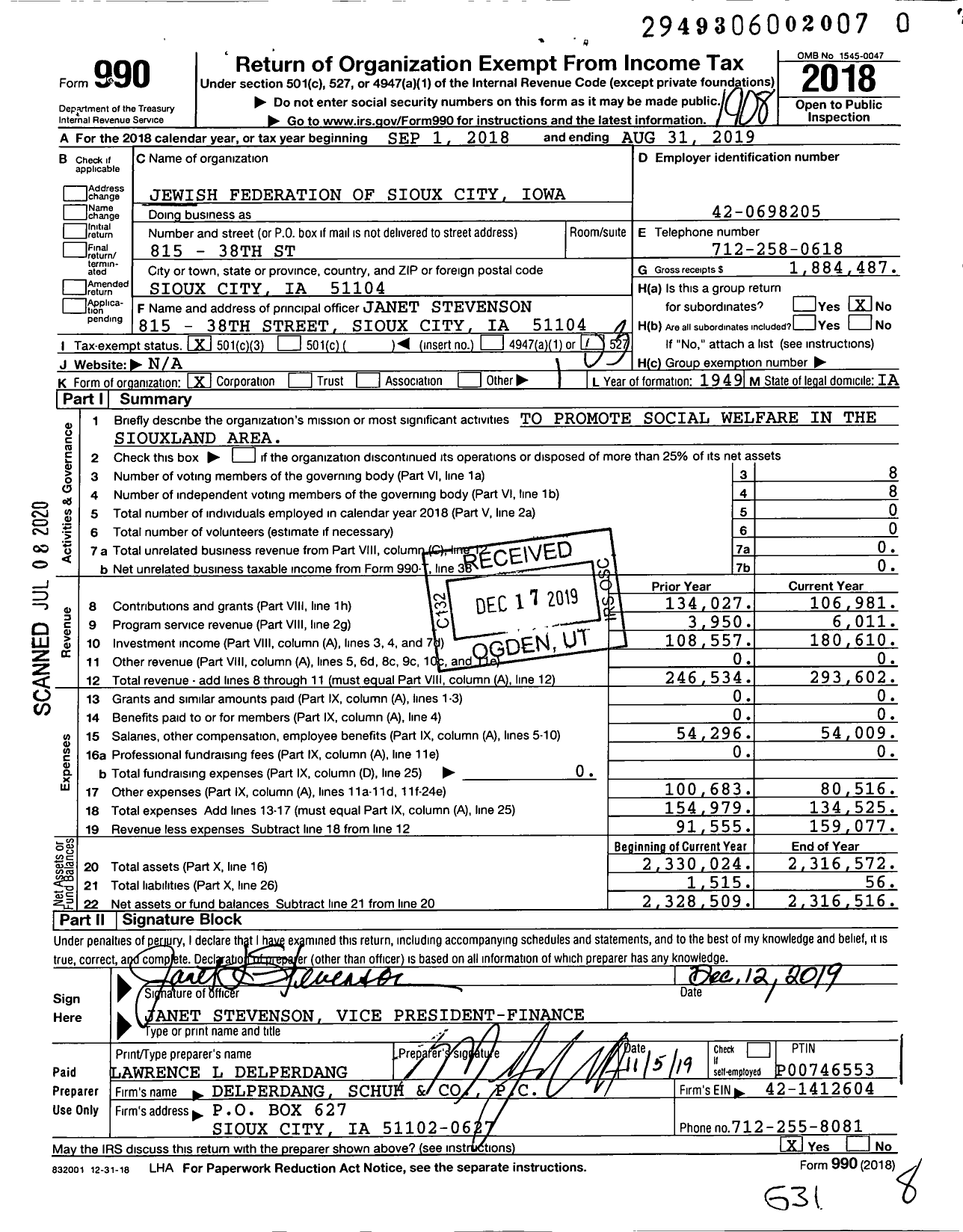 Image of first page of 2018 Form 990 for Jewish Federation of Sioux City Iowa