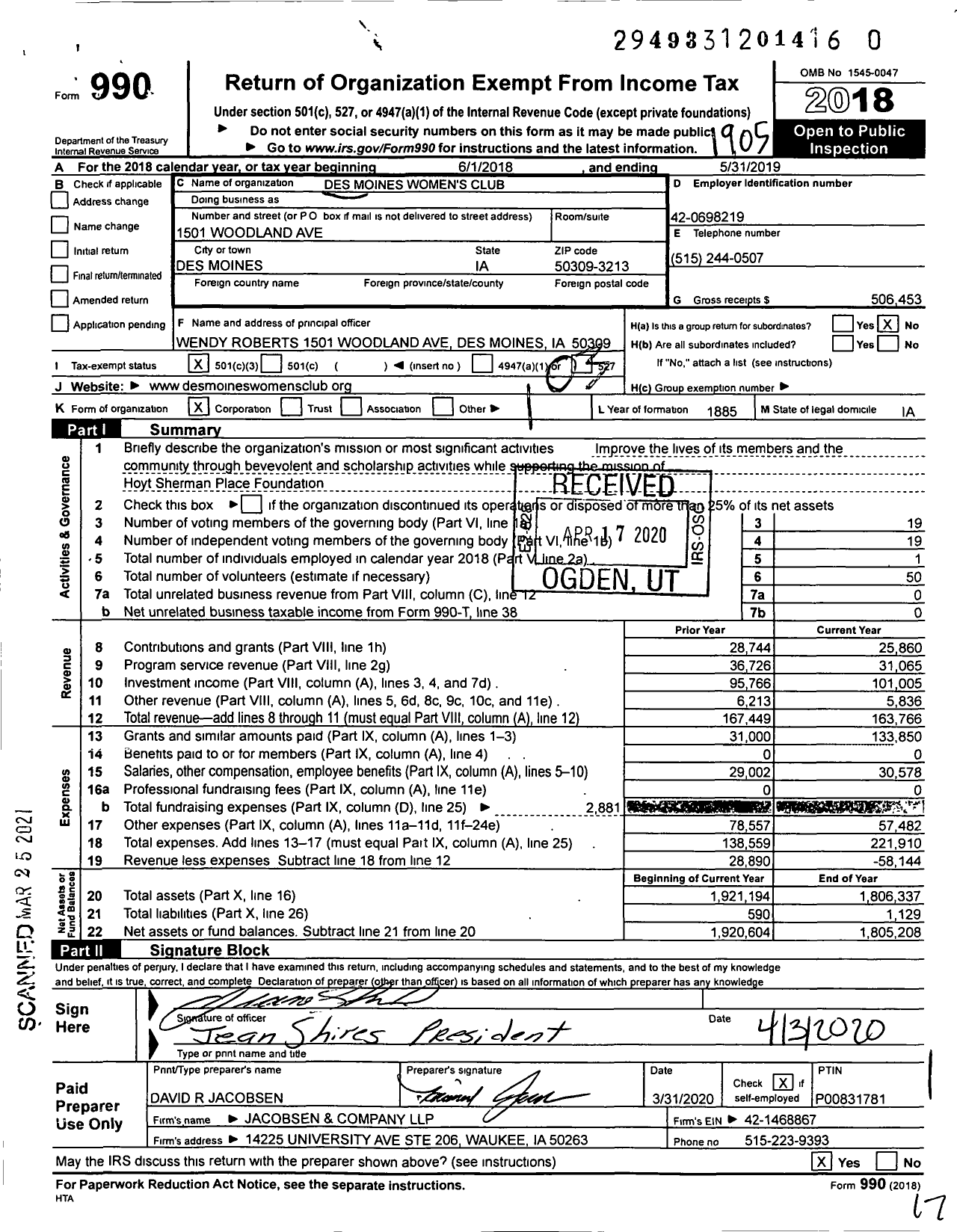 Image of first page of 2018 Form 990 for Des Moines Women's Club