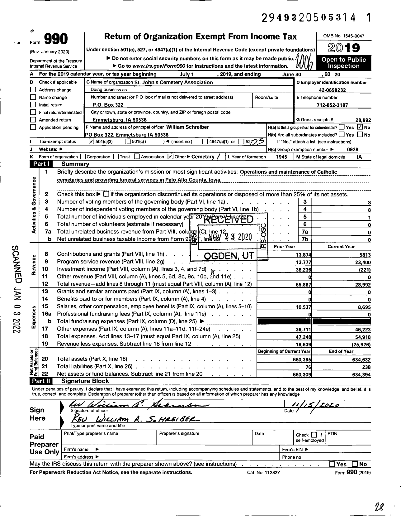 Image of first page of 2019 Form 990 for St Johns Cemetery Association