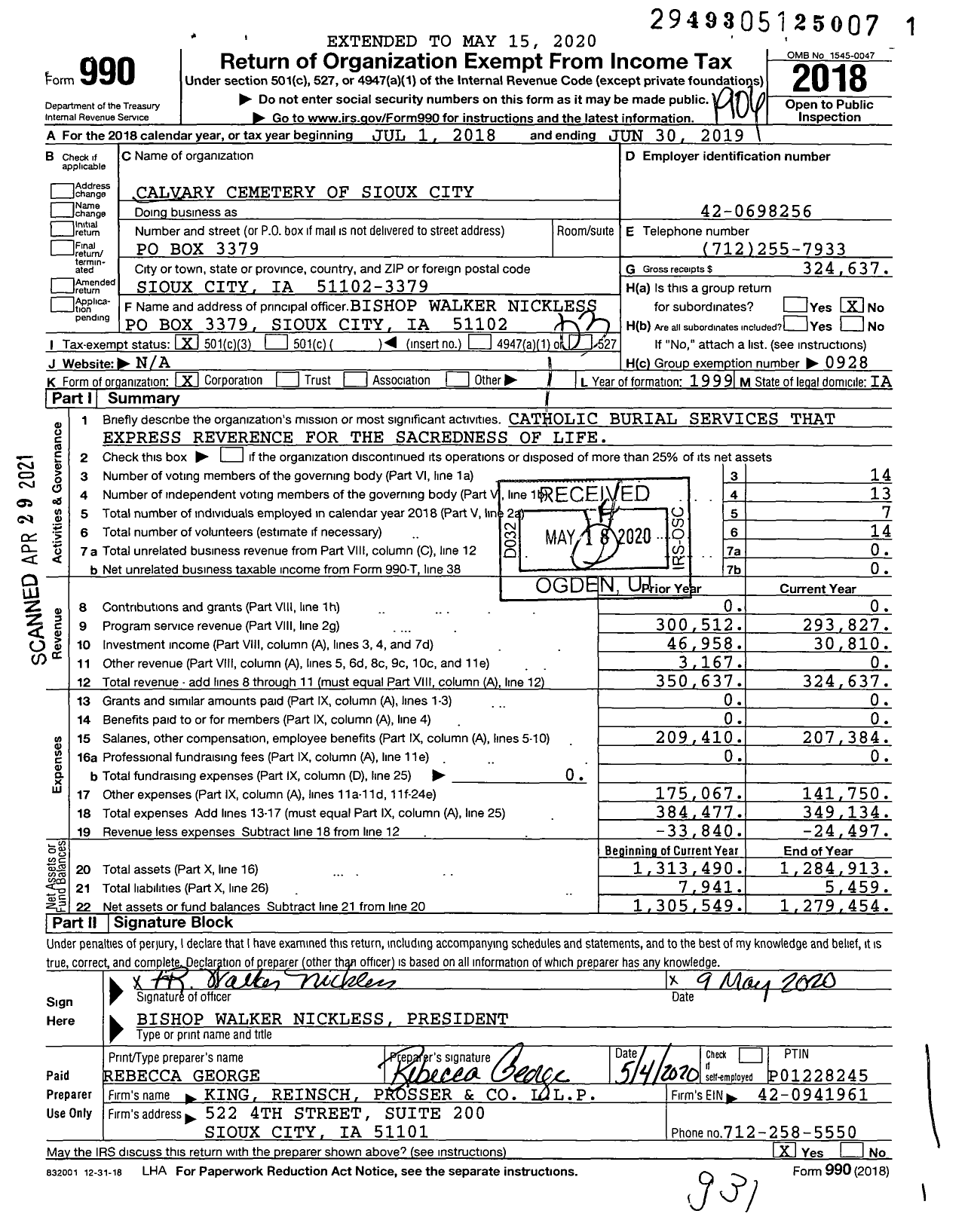 Image of first page of 2018 Form 990 for Calvary Cemetery of Sioux City