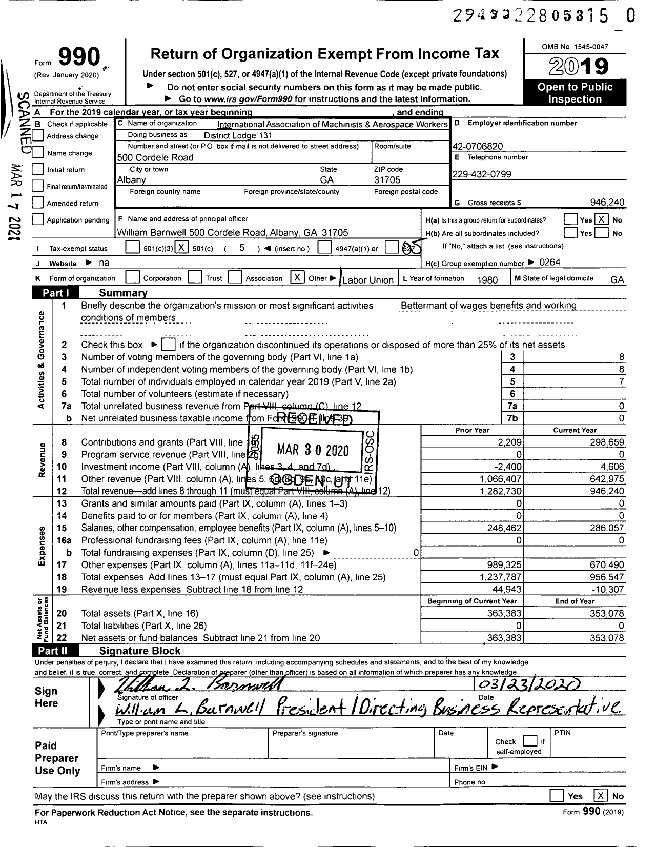 Image of first page of 2019 Form 990O for International Association of Machinists and Aerospace Workers - District Lodge 131