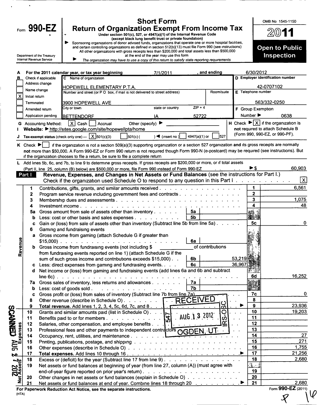 Image of first page of 2011 Form 990EZ for Iowa Congress of Parents and Teachers / Iowa PTA