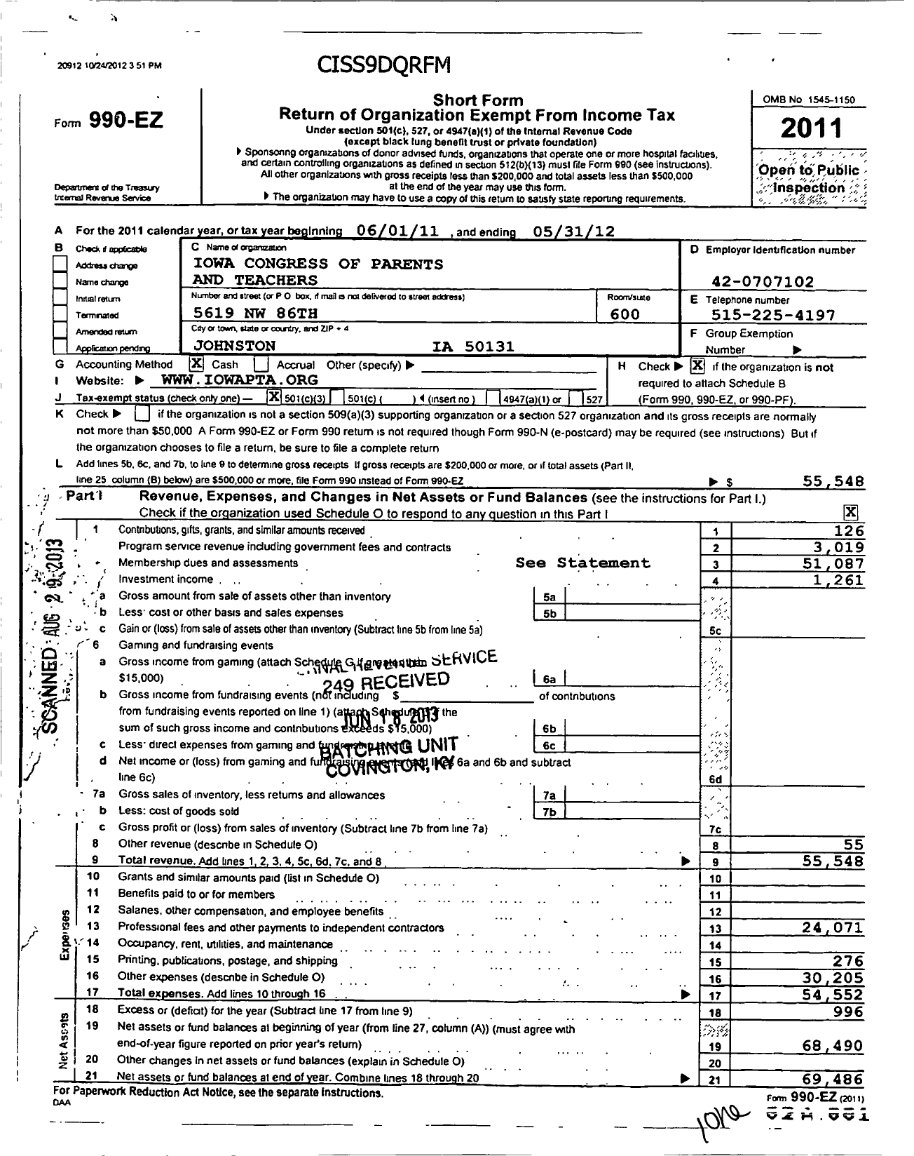 Image of first page of 2011 Form 990EZ for Iowa Congress of Parents and Teachers / Iowa PTA