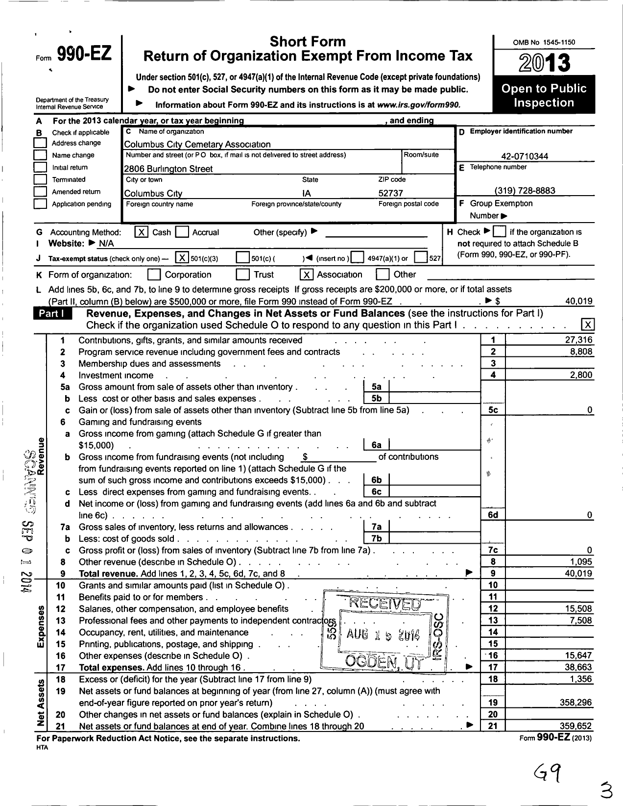 Image of first page of 2013 Form 990EZ for Columbus City Cemetery Association