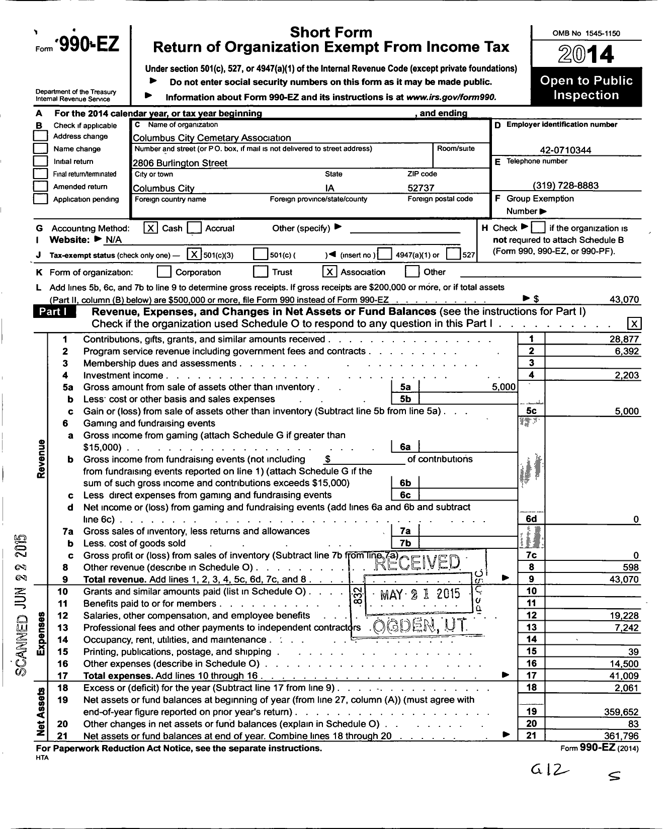 Image of first page of 2014 Form 990EZ for Columbus City Cemetery Association