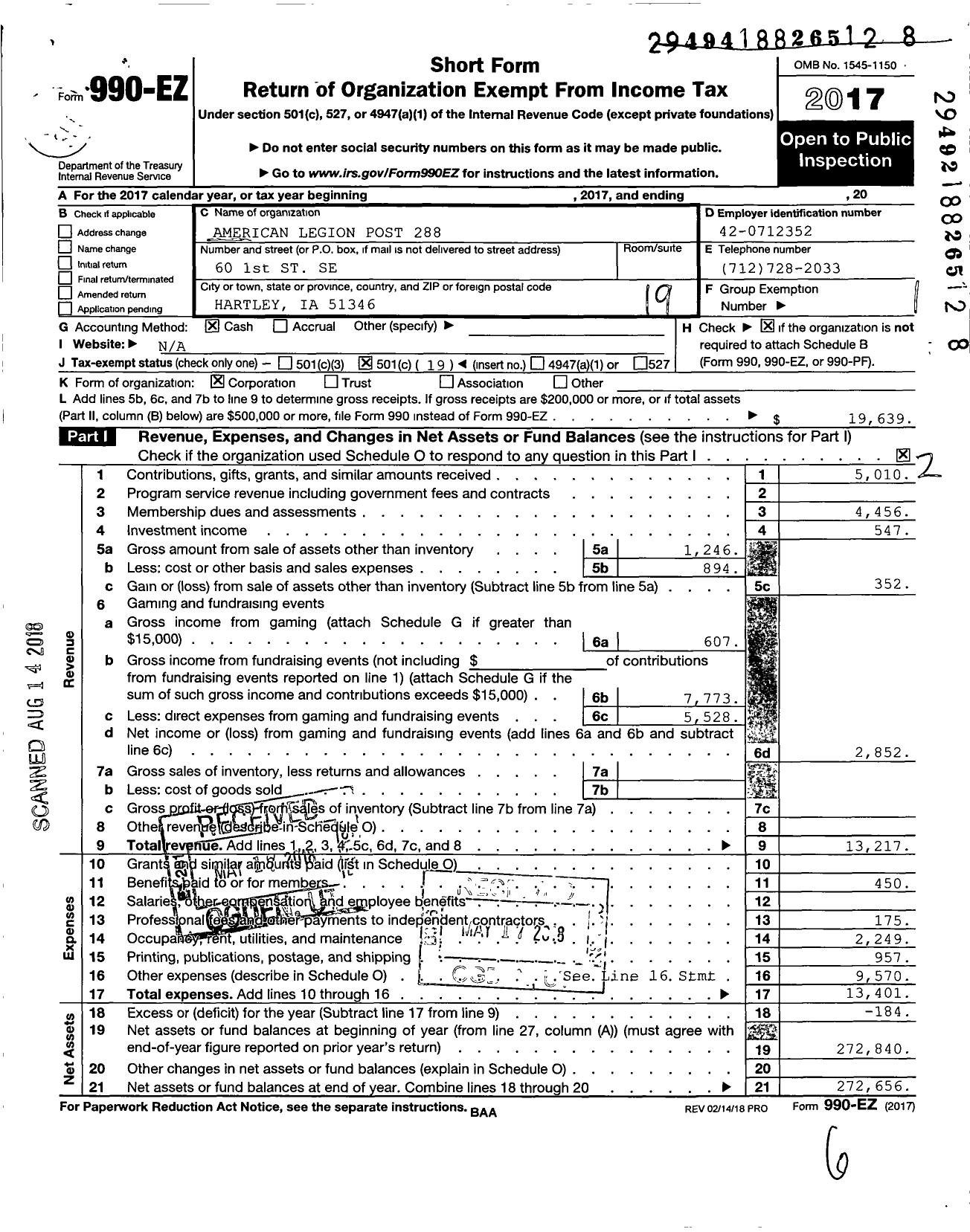 Image of first page of 2017 Form 990EO for American Legion Post 288
