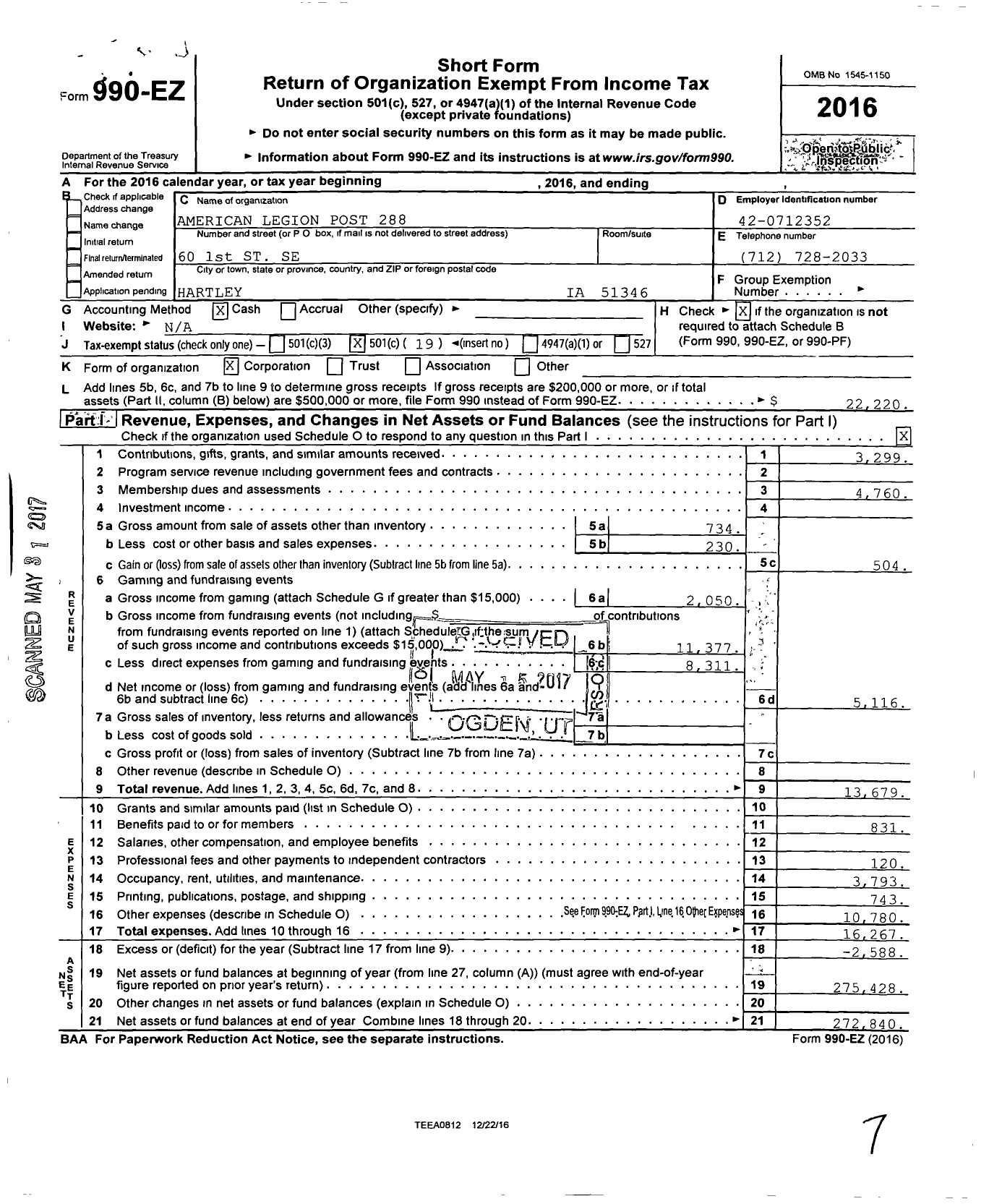 Image of first page of 2016 Form 990EO for American Legion Post 288