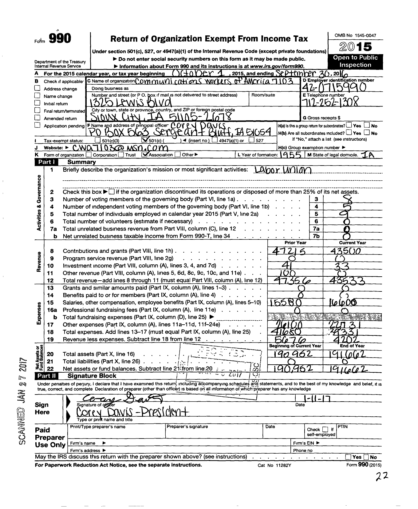 Image of first page of 2015 Form 990O for Communications Workers of America Local 7103