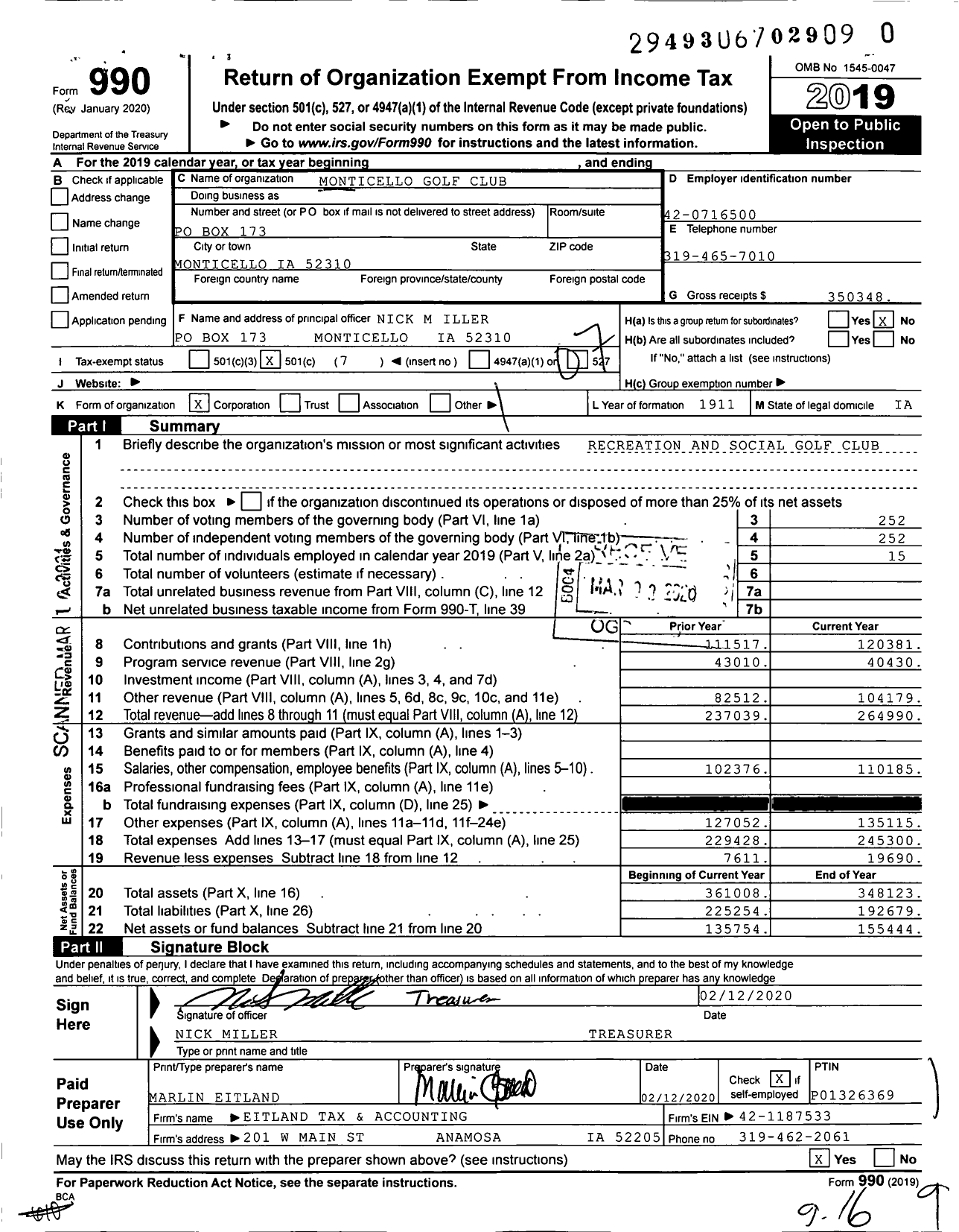 Image of first page of 2019 Form 990O for Monticello Golf Club