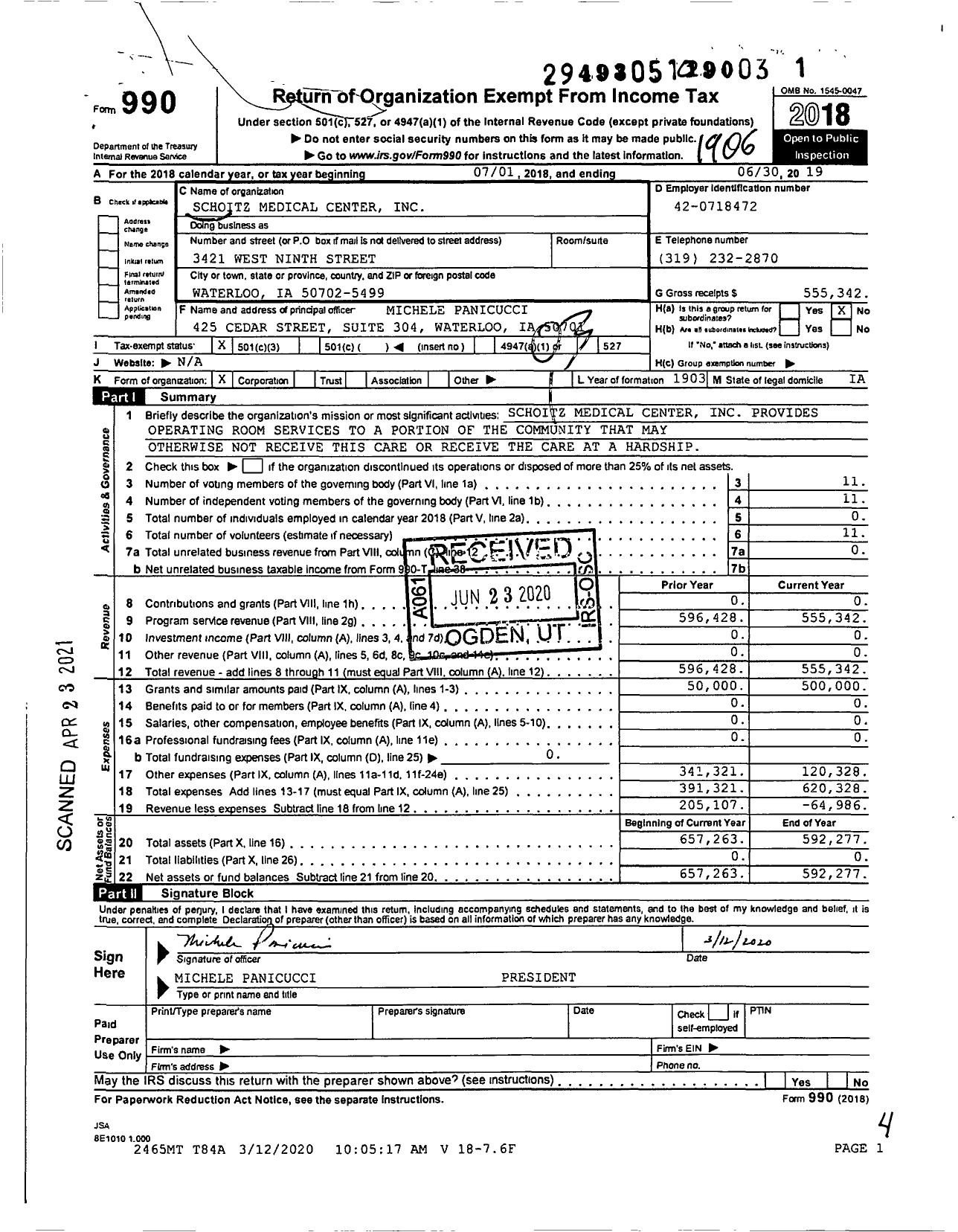 Image of first page of 2018 Form 990 for Schoitz Medical Center