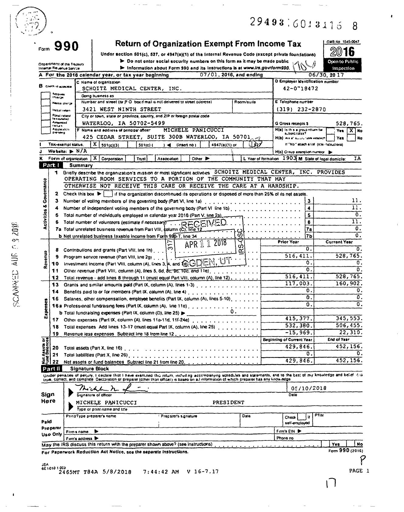 Image of first page of 2016 Form 990 for Schoitz Medical Center