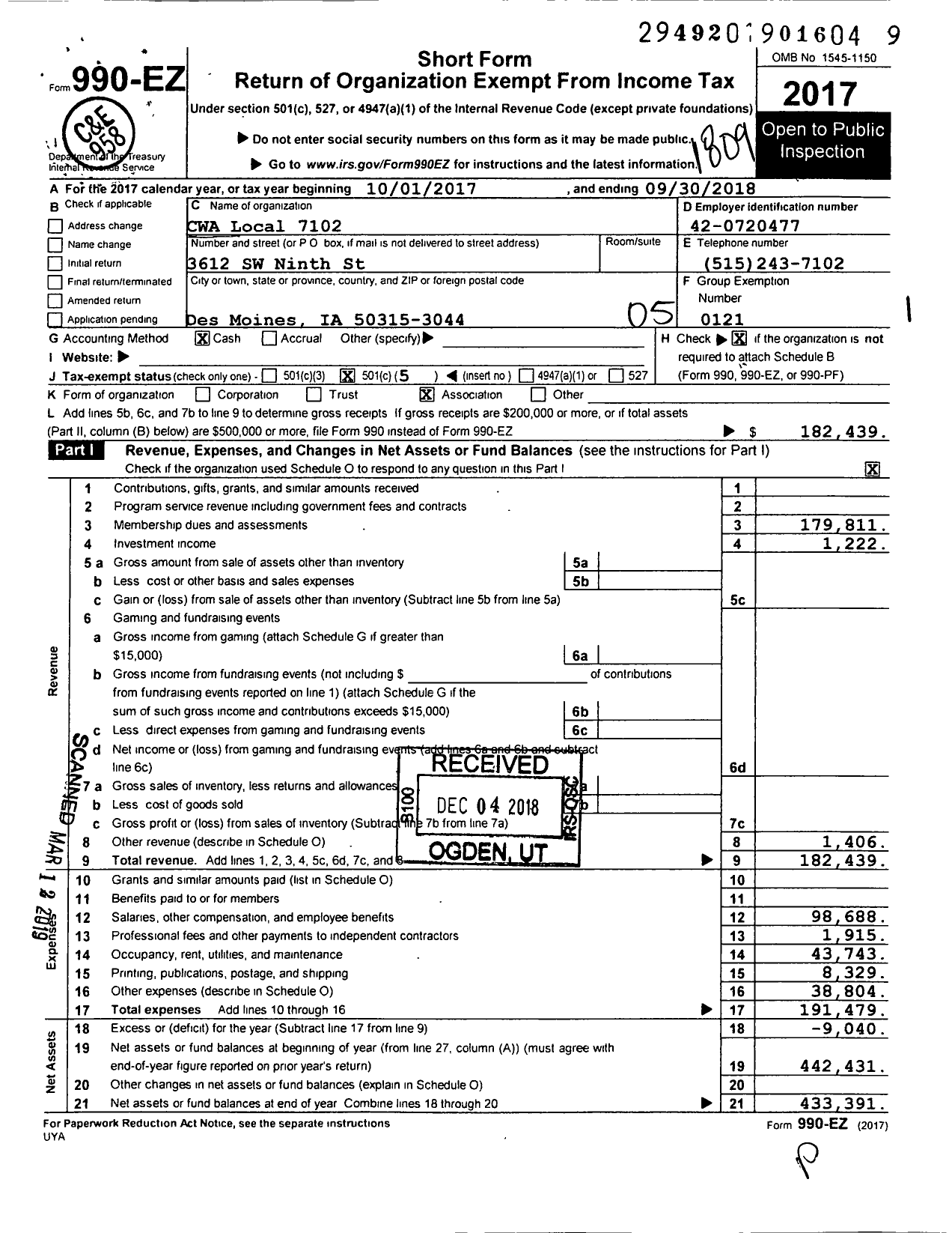 Image of first page of 2017 Form 990EO for Communications Workers of America - 7102 Cwa