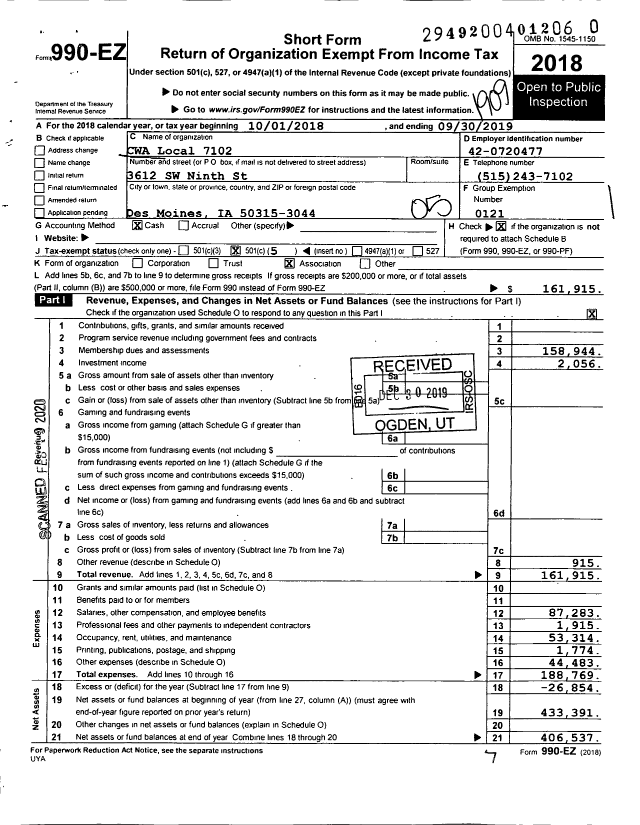 Image of first page of 2018 Form 990EO for Communications Workers of America - 7102 Cwa